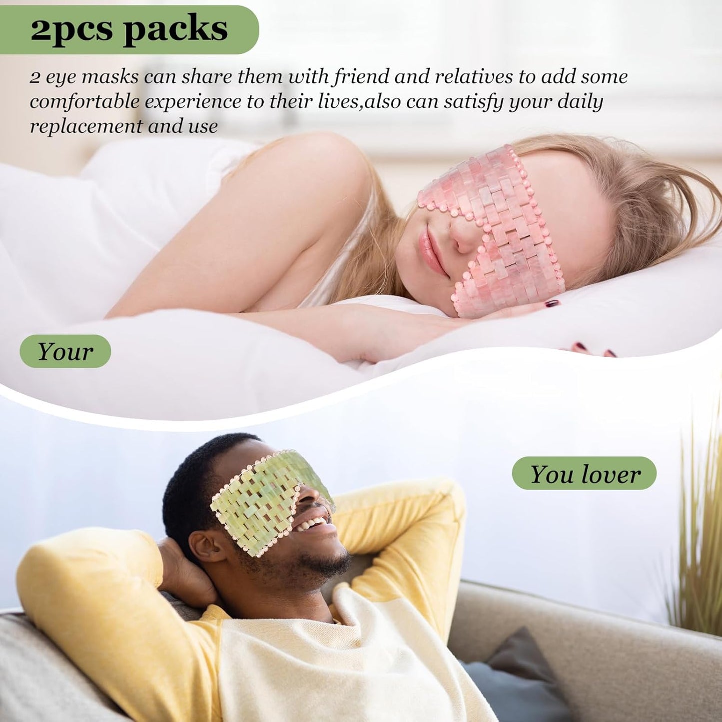 Natural Jade Eye Mask and Rose Quartz Eye Mask Set - Soothing & Relaxing Alleviate Puffiness and Migraines with Cooling and Warming Therapy (2 Pcs)