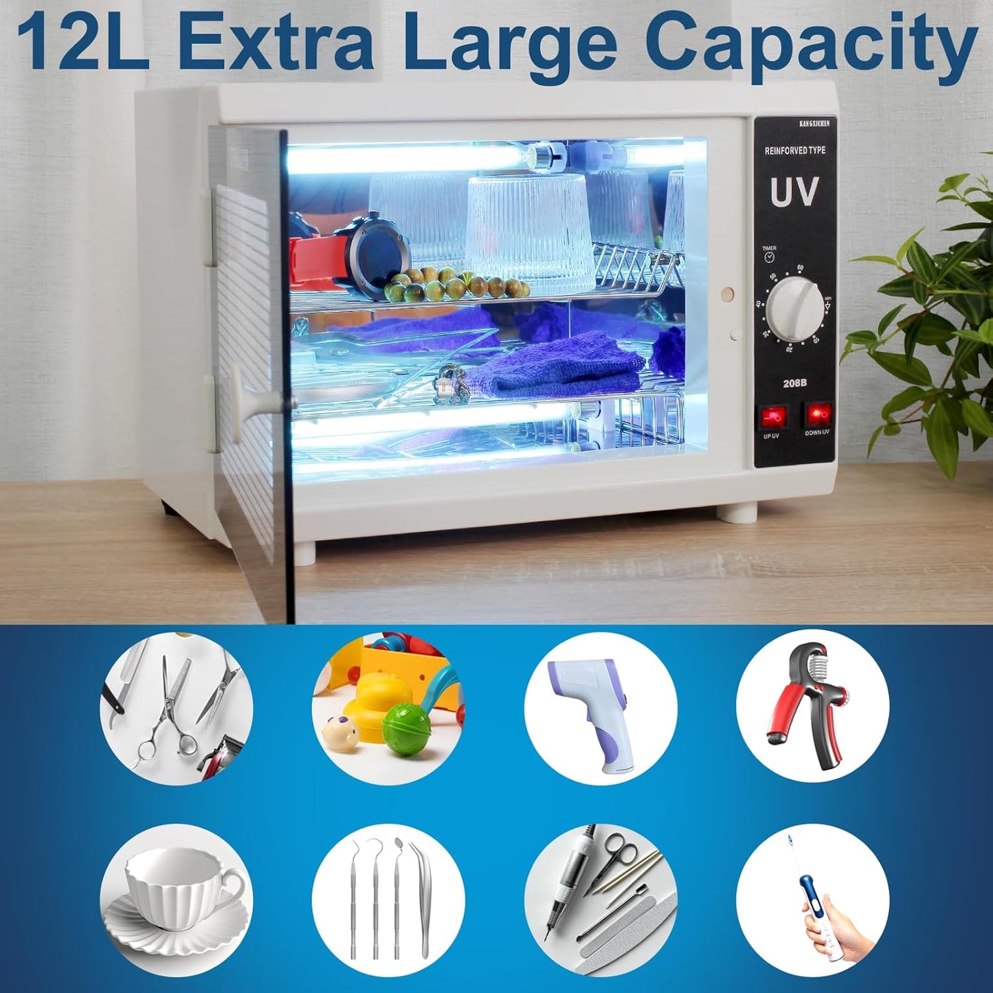 [𝟮 𝗨𝗹𝘁𝗿𝗮𝘃𝗶𝗼𝗹𝗲𝘁 𝗟𝗶𝗴𝗵𝘁𝘀] 12L Extra-Large Box UV Light Nail Tool Cleaning Machine, Dual UVC Lamps System Cabinet with Timer Setting for Salon, Spa, Beauty and Barber