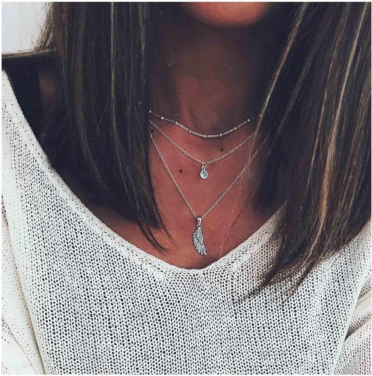 Bohemia Layered Crystal Choker Necklace Angel Wing Pendant Necklace Round Crystal Cz Necklace Chain Silver Guardian Angel Necklace Chain Jewelry for Women