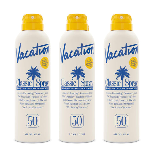 Vacation Classic Sunscreen Spray SPF 50, Water-Resistant, Lightweight, Transparent on All Skin Tones, Dermatologist-Tested, Vegan, 6 Fl. Oz. (Value Pack of 3)