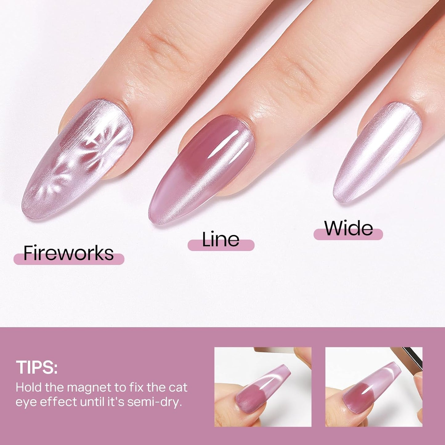 MIZHSE Quick Dry Cat Eye Nail Polish, Pink-Purple Magnetic Nail Polish with Magnet, Air Drying Fast 15ml Cateye Nail Lacquer for Women Girls Non-Gel Nail Art Manicure DIY Home