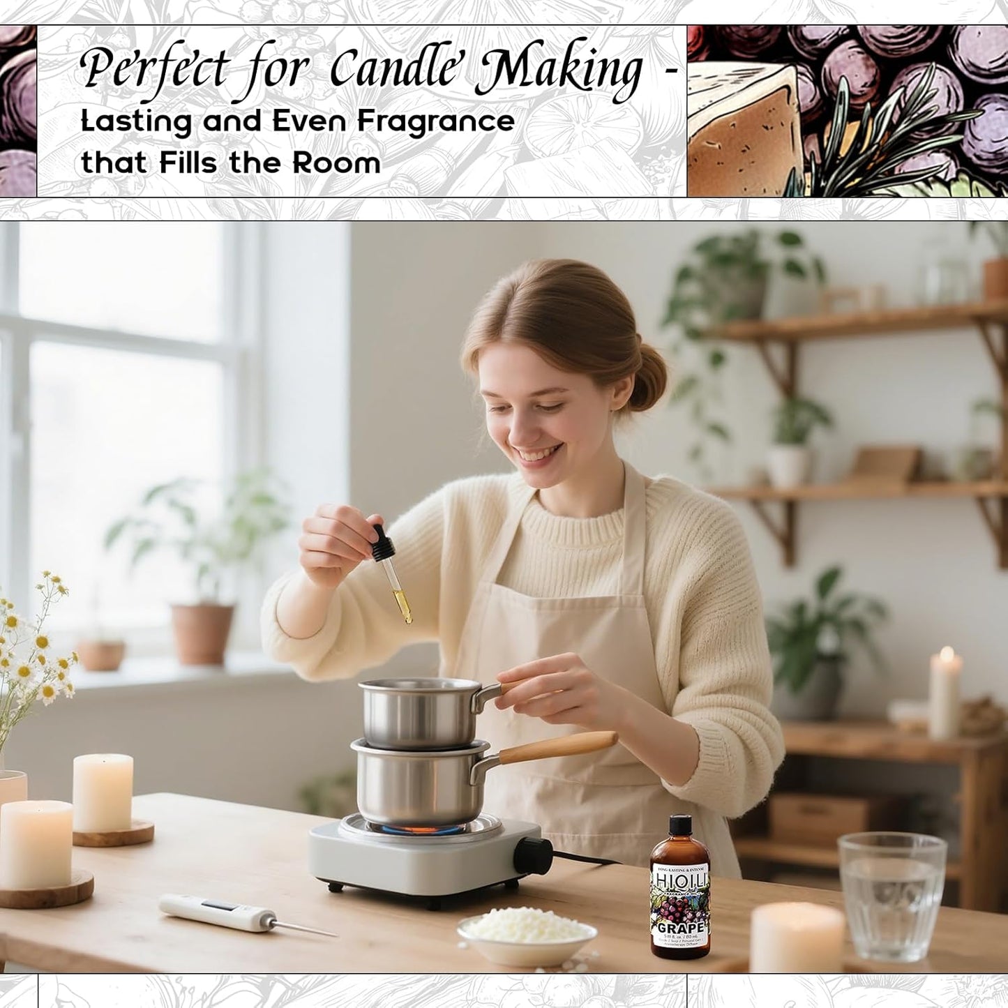 HIQILI Grape Fragrance Oil for Diffuser & Oil Burner, Fruity Scents for Making Candles, Hand Soap, Air Freshener, Long Lasting - 5.07 Fl Oz