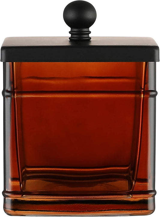 Amber Glass Cotton Jar Holder – Black Lid Elegant Bathroom Storage Canister for Qtips, Cotton Balls, Floss, Makeup Organizer, Vanity & Bathroom Organization