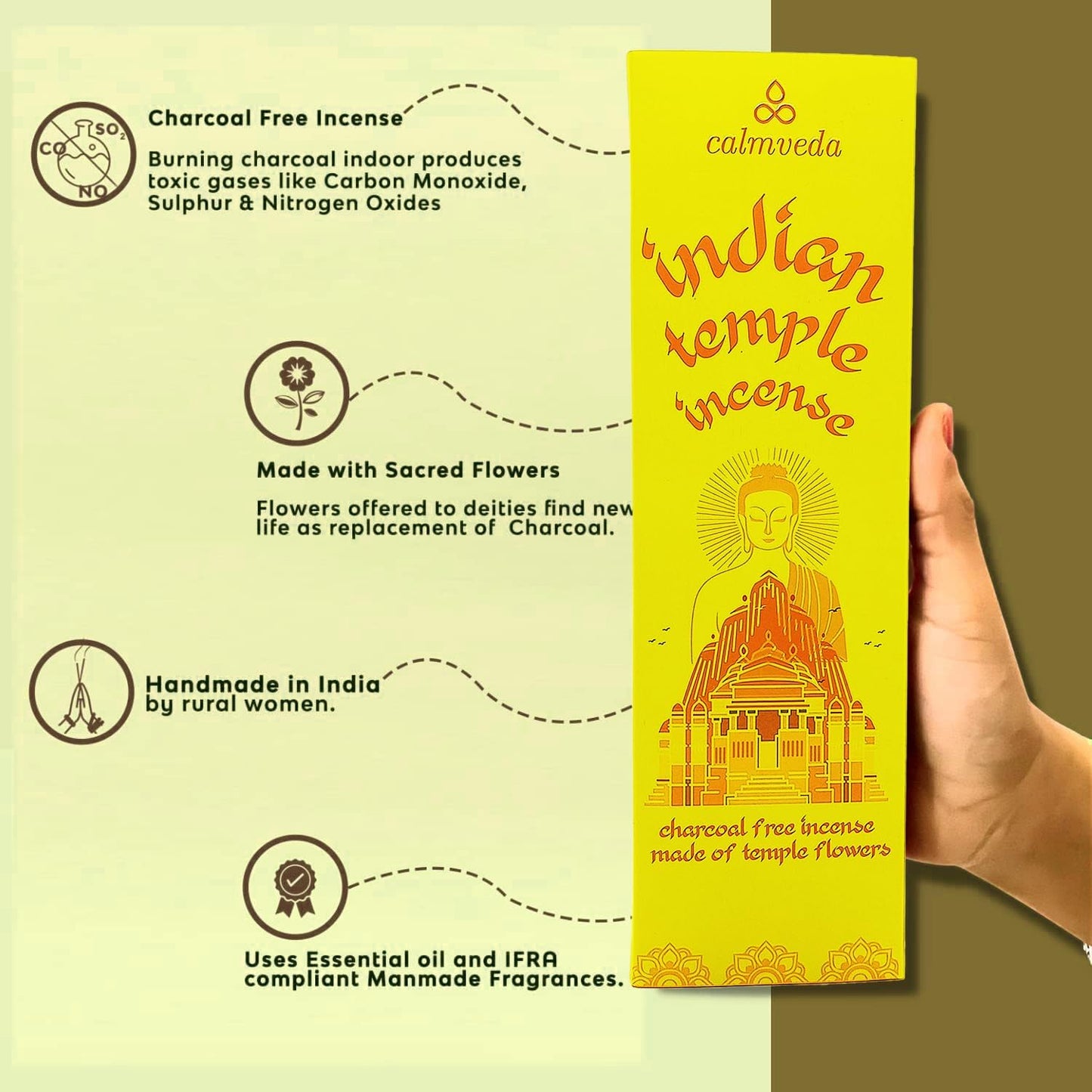 Spiritual Indian Temple Incense Sticks - 80 Charcoal Free Incense Sticks, Made from Upcycled Flowers | Inspired by Siddhivinayak Temple (Mumbai) | Spiritual Incense to add Calmness