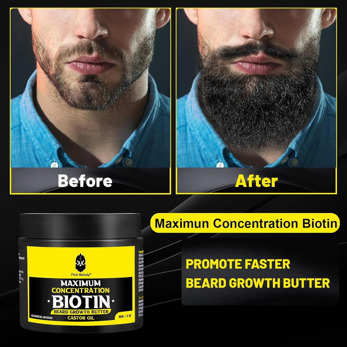 Beard Butter,Maximum Concentration Biotin,with Castor Oil and Argan & Jojoba Oils, Promotes Beard Growth, Styles, Strengthens & Softens Beards ,Unruly Beards While Relieving Itch,2 Ounce*2 (2 Pack)