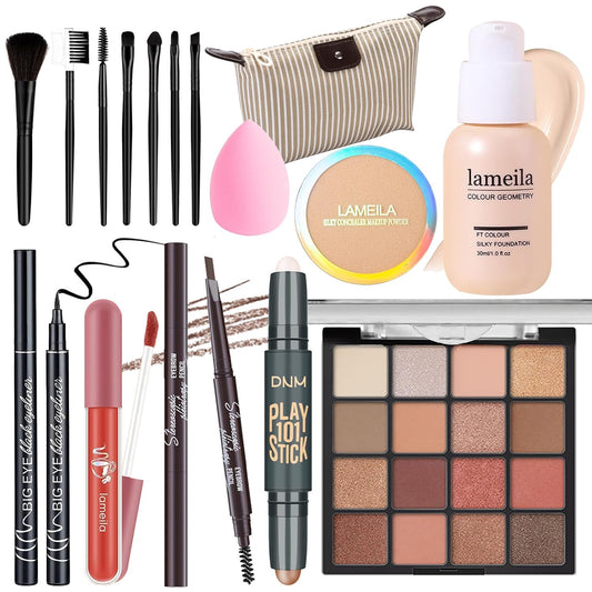 Makeup Set Full Kit for Girls Teens Women, Makeup Present Set, Includes Eyeshadow, Foundation, counter stick, Powder, Eyebrow Pencil, Eyeliner, Brushes, Lip Gloss, Sponge, Cosmetic Bag
