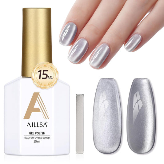 AILLSA Silver Cat Eye Gel Nail Polish Gray Glitter Crystal Polish with Magnet, Shimmer Clear Sparkle Nail Polish Reflective Translucent Jelly Color U V Gel Salon DIY at Home 0.5 OZ GF18
