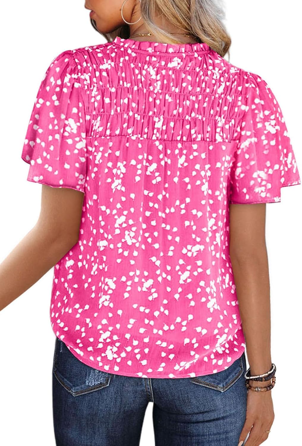 SHEWIN Women's Casual V Neck Floral Print Smocked Short Sleeve Chiffon Blouses Bohemian Top Shirts