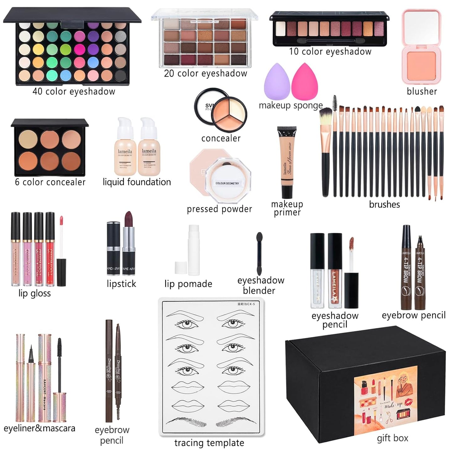 All in One Makeup Kit Makeup Kit for Women Full Kit Multipurpose Makeup ，eyeshadow、 liquid foundation,Loose powder,Eyebrow pencil,4-color lip gloss set