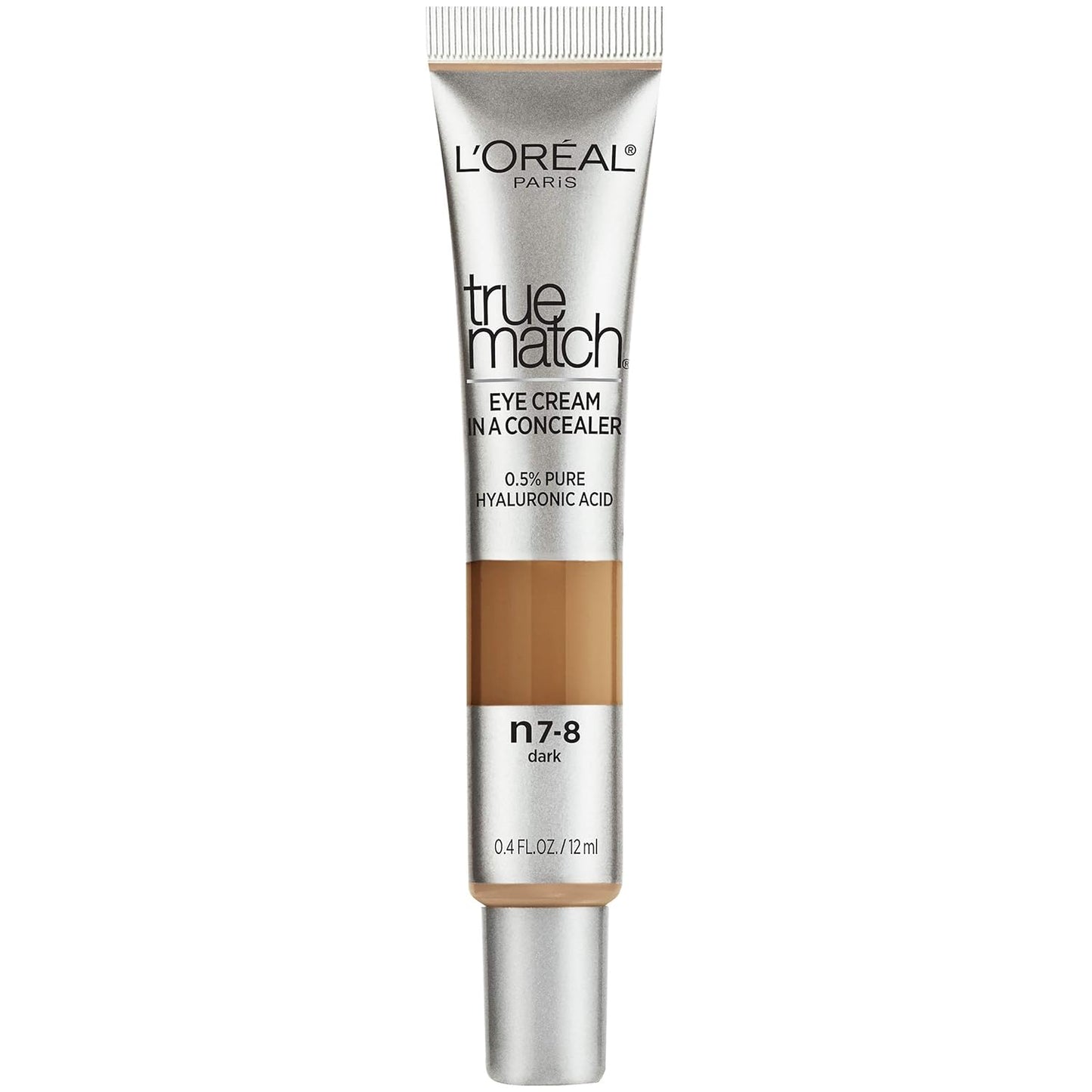 L’Oréal Paris True Match Eye Cream in a Concealer, 0.5% hyaluronic acid, Dark N7-8, 0.4 fl. oz.