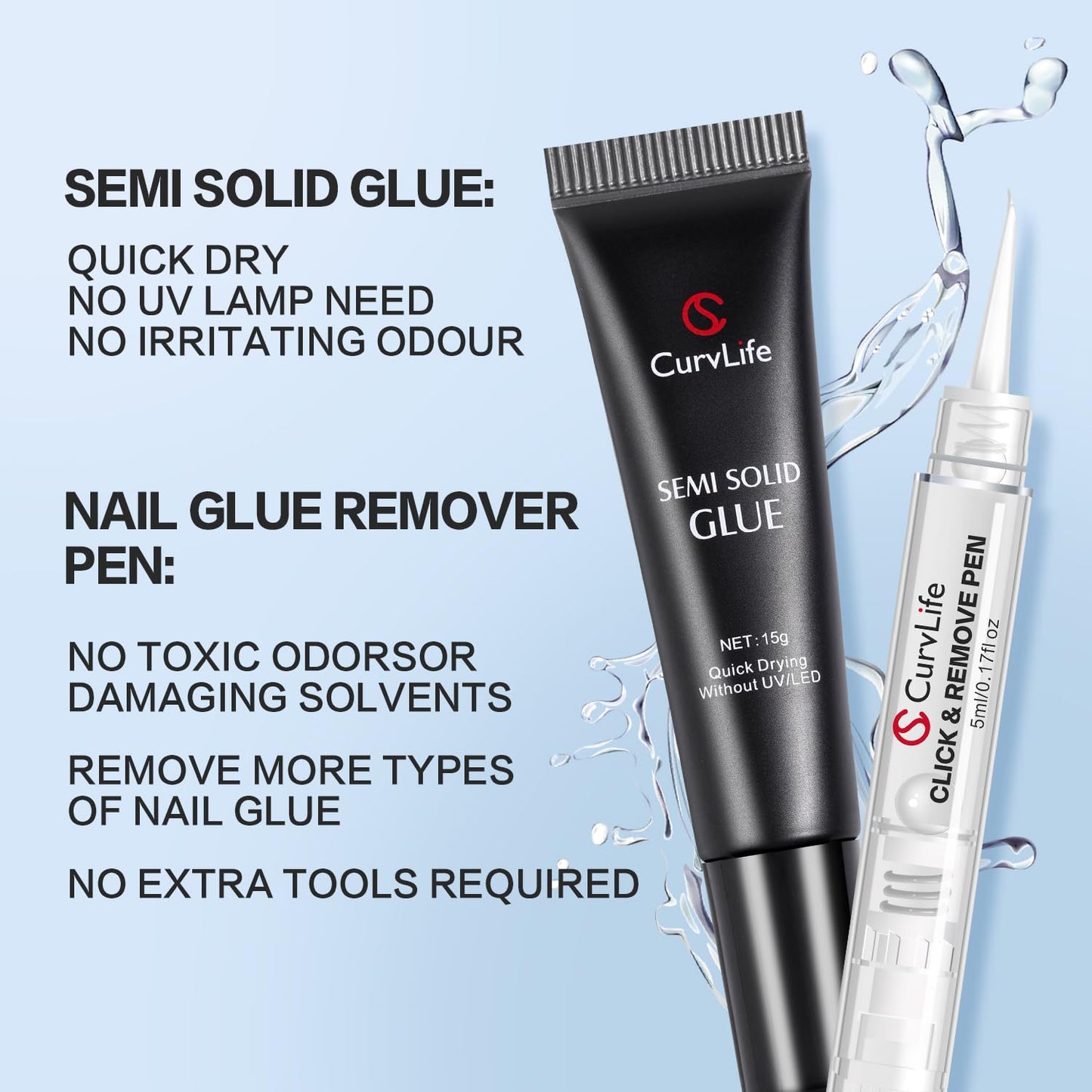 Curvlife 15g Semi Solid Nail Glue Gel with 5ml 3 in 1Nail Glue Remover, No Need for Uv Light, Gel for Press On Nails, Click&Remove Pen Design