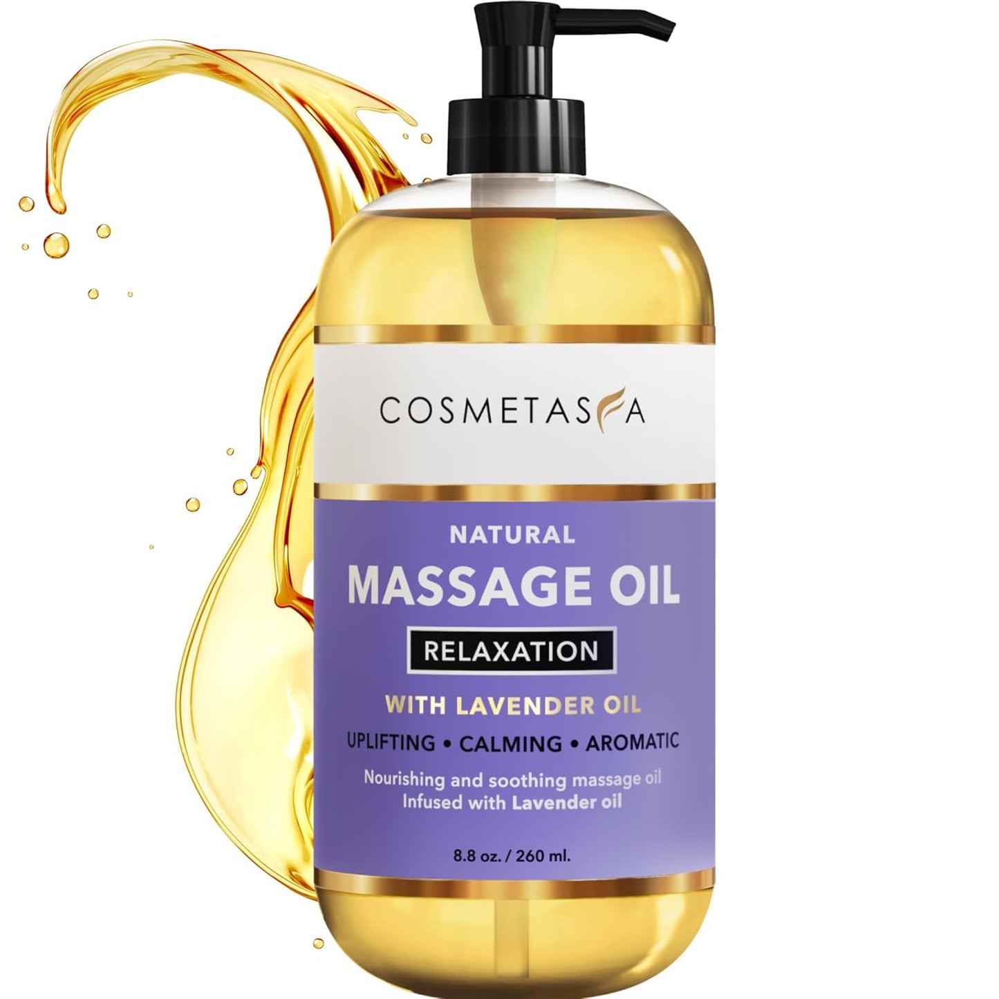 Cosmetasa Lavender Massage Oil for Massage Therapy - All Natural, Cruelty-Free & Spa Quality Skin Therapy Oil, Calming & Soothing Care - Lavender, Geranium & Grapeseed Oil (8.8 oz)