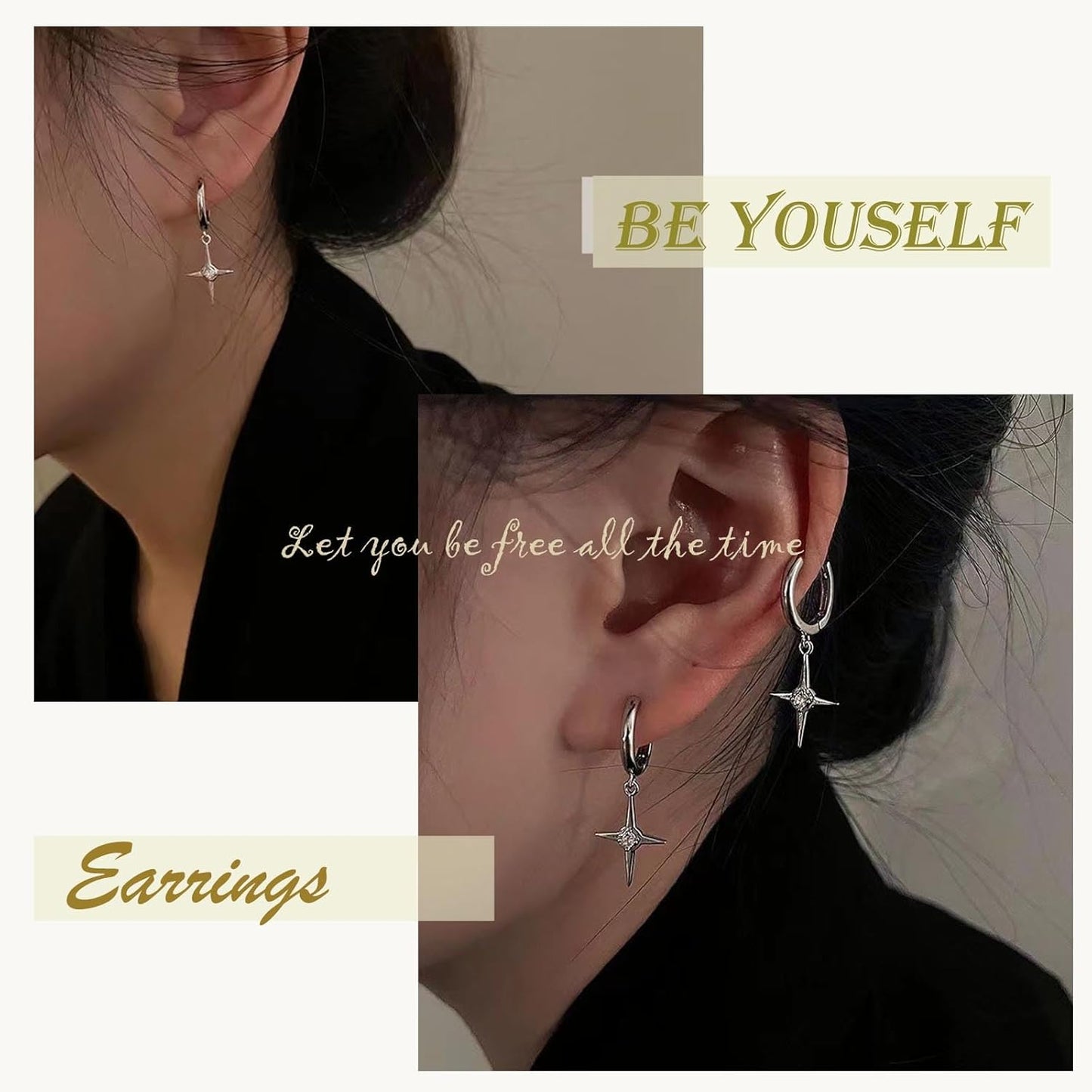 Punk Cross Star Dangle Drop Earrings Vintage Silver Hanging Rhinestone North Star Drop Earrings Minimalist Cross Star Dangle Huggie Small Hoop Earrings Jewelry for Women