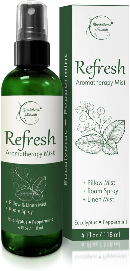 Refresh Aromatherapy Room Spray & Pillow Mist. Peppermint & Eucalyptus Essential Oil Spray, Linen Mist, Natural Car Air Freshener Bathroom Freshener & Closet Deodorizer by Brookethorne Naturals