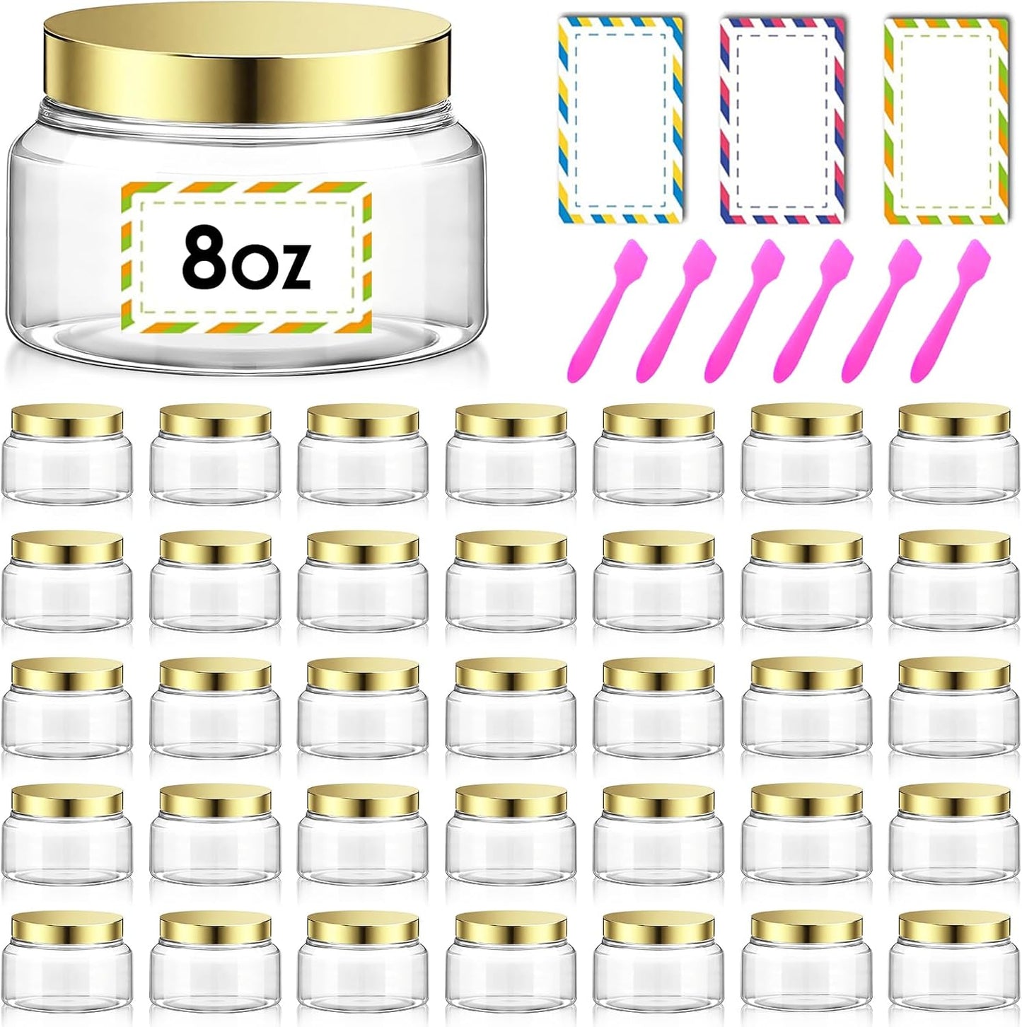 36 Pack 8 oz Plastic Cosmetic Containers With Lids Refillable Clear Empty Travle Jars Containers for Body Butter,Sugar Scrubs,Cream,Lotions,Candy, Waterproof Label&Spatulas - (Gold)