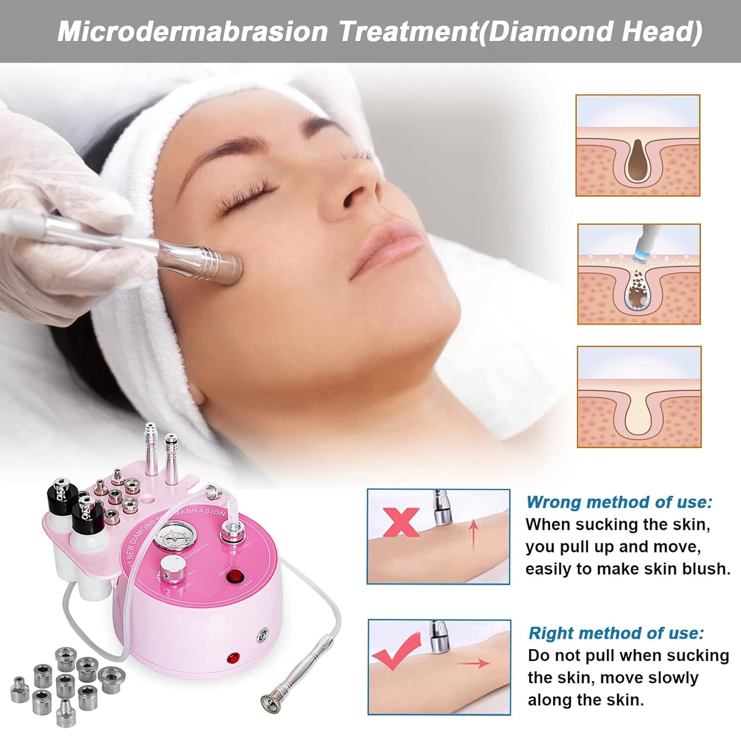 Diamond Microdermabrasion Machine Professional Plus, 3 in 1 Pink Diamond Dermabrasion Facial Beauty Equipment Skin Care for Vacuum Blackhead Removal & Spray, Suction Power 0-70 cmHg
