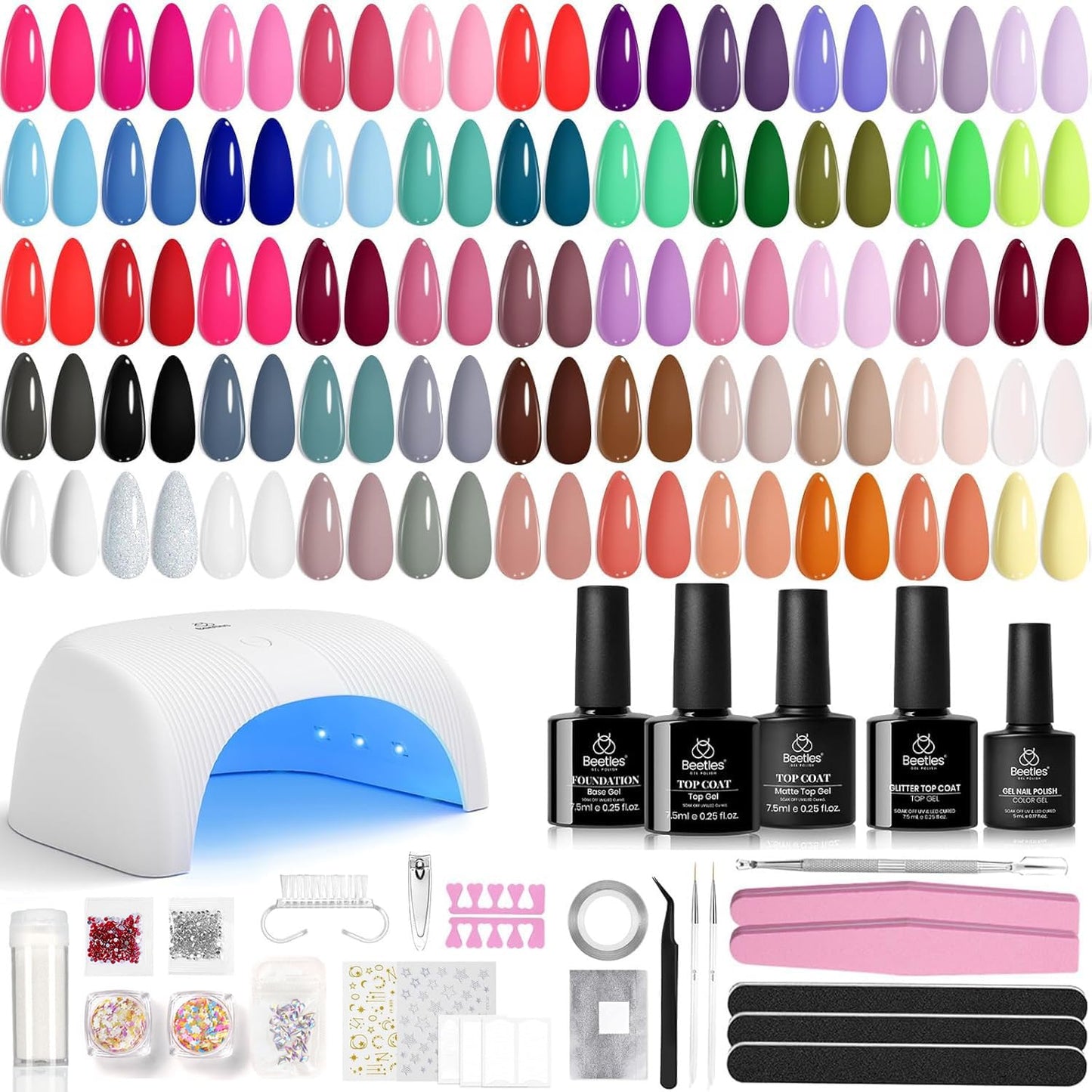 Beetles Gel Nail Polish Kit with U V Light, 55 Colors Gel Polish 81 Pcs Nail Stuff Kit for All Seasons with Base and Matte&Glossy Top Coat Color Enchantment Plus Soak Off Gifts for Women Girls Teen