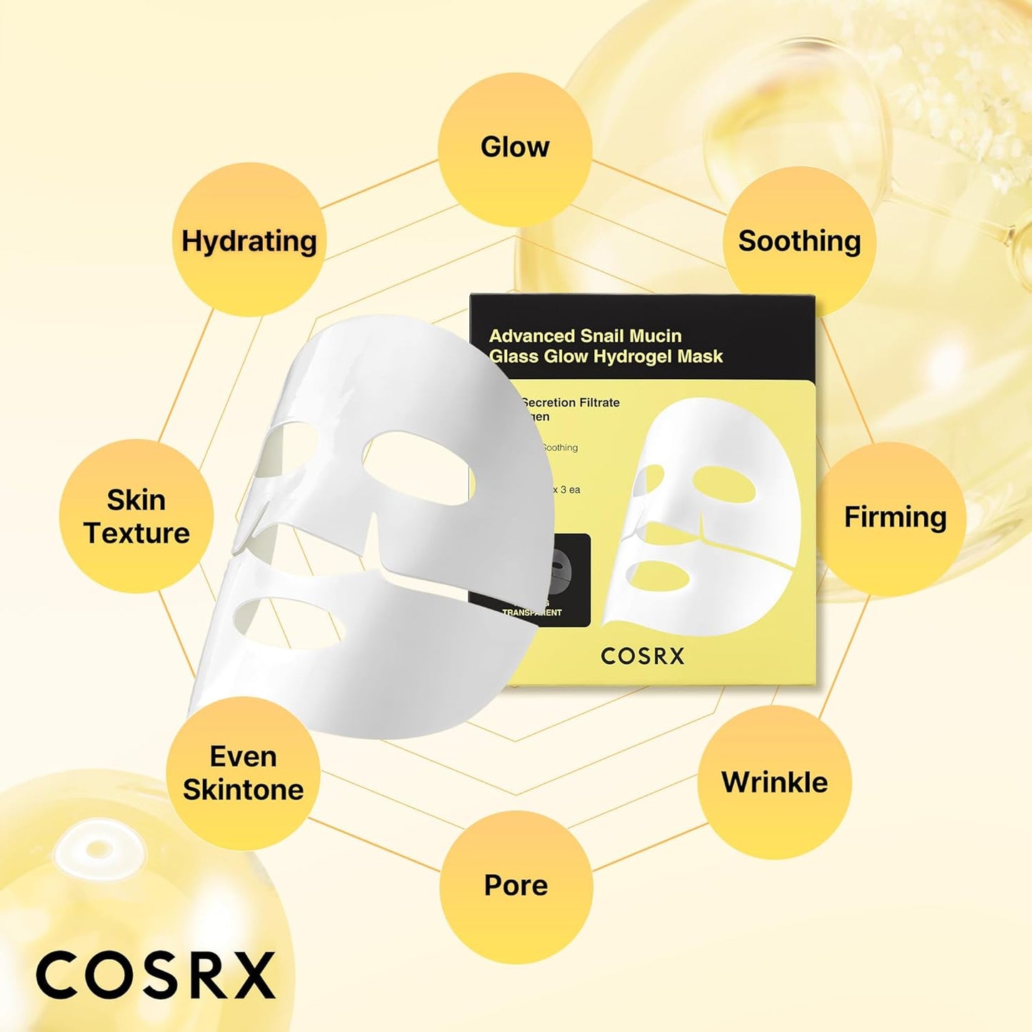 COSRX Advanced Snail Mucin Glass Glow Hydrogel Face Masks Skincare 3 EA, Collagen Face Mask, Travel Essentials, Overnight Face Mask, Korean Skin Care