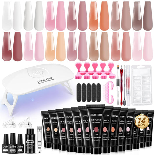 JEWHITENY Poly Extension Gel Nail Kit 14 PCS Poly Gel Kit with Slip Solution and Mini Lamp Nail Art Design Beginner