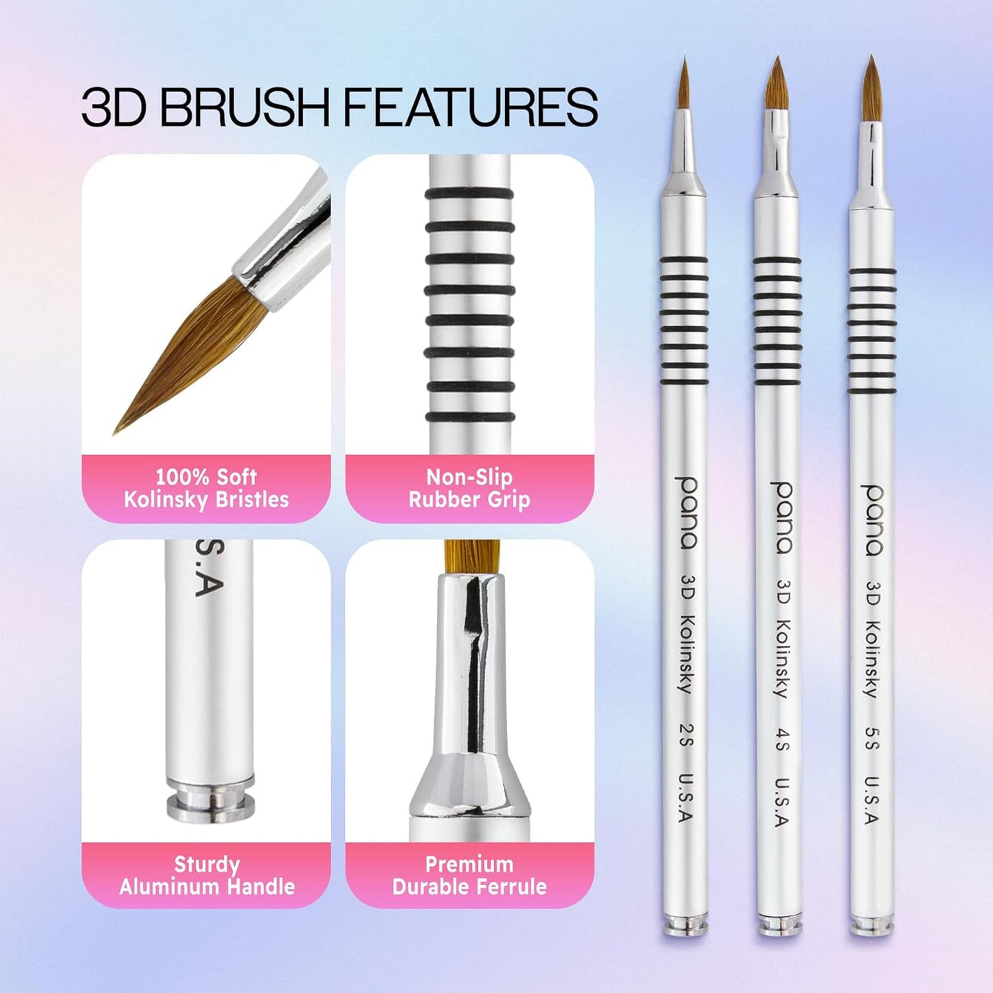 PANA 3D Kolinsky Acrylic Nail Art Sculpture Brush with Silver Metal Non-Slip Grip Handle for Manicures 3D Nail Art Flower Designs (Size #5)