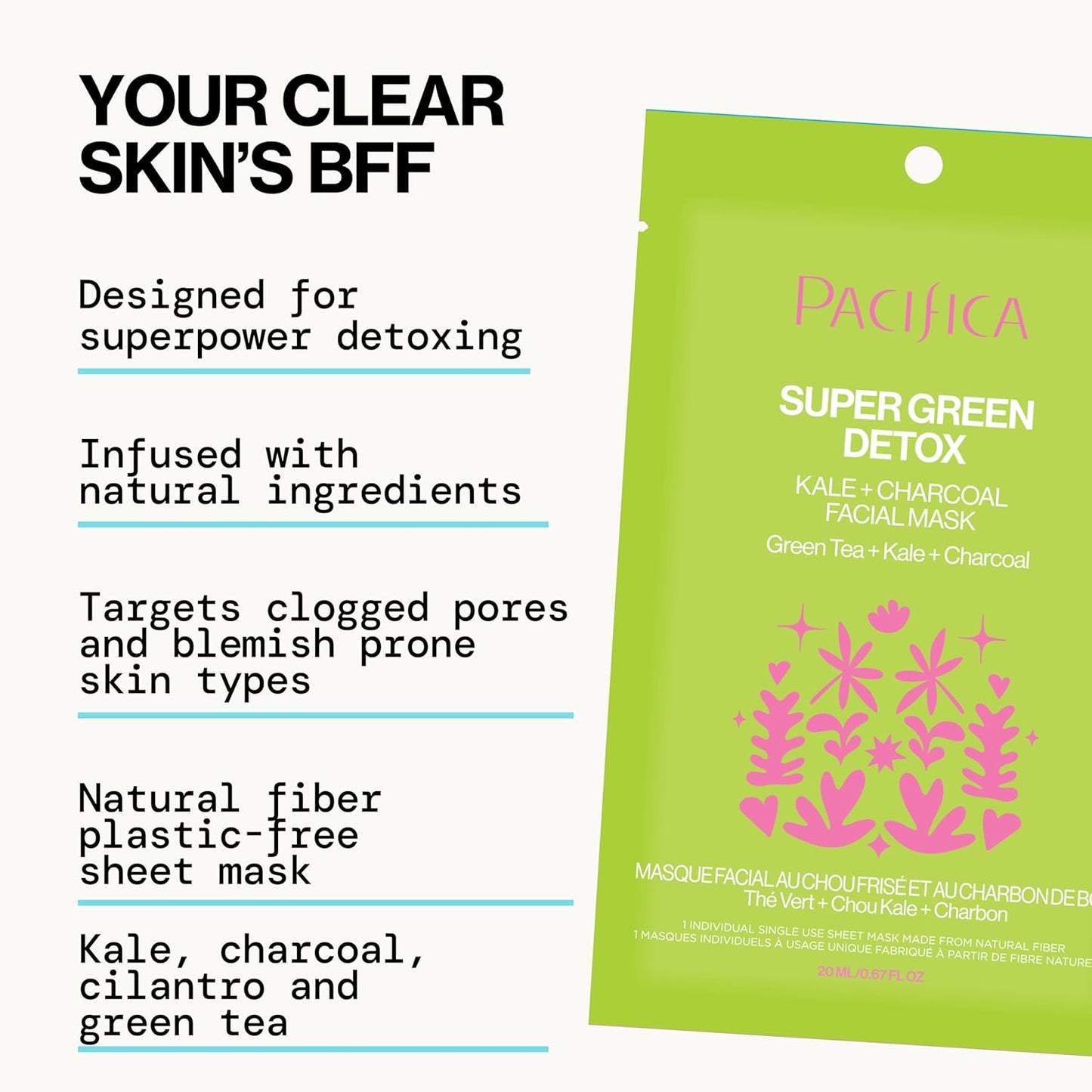 Pacifica Super Green Detox Sheet Mask – Charcoal, Kale & Clay Pore Cleansing Mask for Oily, Blemish-Prone Skin, Deep Detox Facial Mask, Vegan