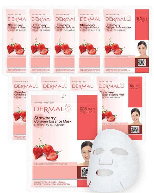 DERMAL Strawberry Collagen Essence Facial Mask Sheet 23g Pack of 10 - Pore Tightening & Sebum Control for Oily Skin, Hydrating Daily Skin Treatment Solution Sheet Mask