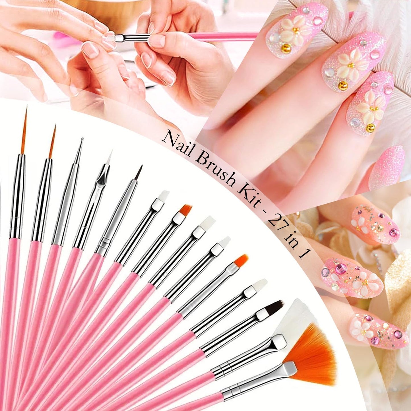 Nail Art Tools 27Pcs Set,Nail Art Brush,Resin Nail Art Palette,5 Pcs Nail Art Pens Liner Brush,2-way Acrylic Silicone Engraving Pen Dotting Pen Tools Nail Art Kit for Nail Art DIY