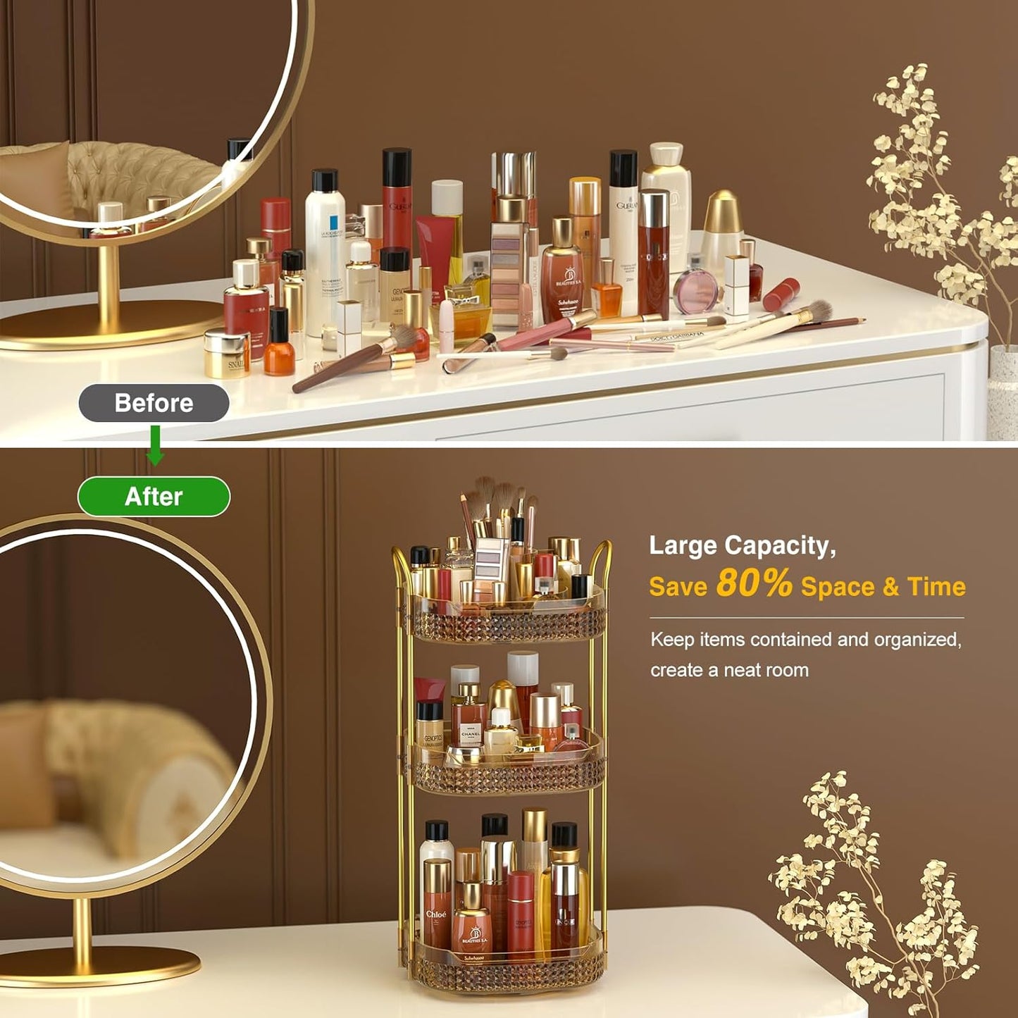 Awenia Rotating Makeup Organizer 360, Stackable Adjustable Large Capacity Cosmetic Storage Unit,Dresser Bathroom Kitchen Countertop Organizer with Metal Handle, Plus Size (Honorable Gold, 3 Tier)