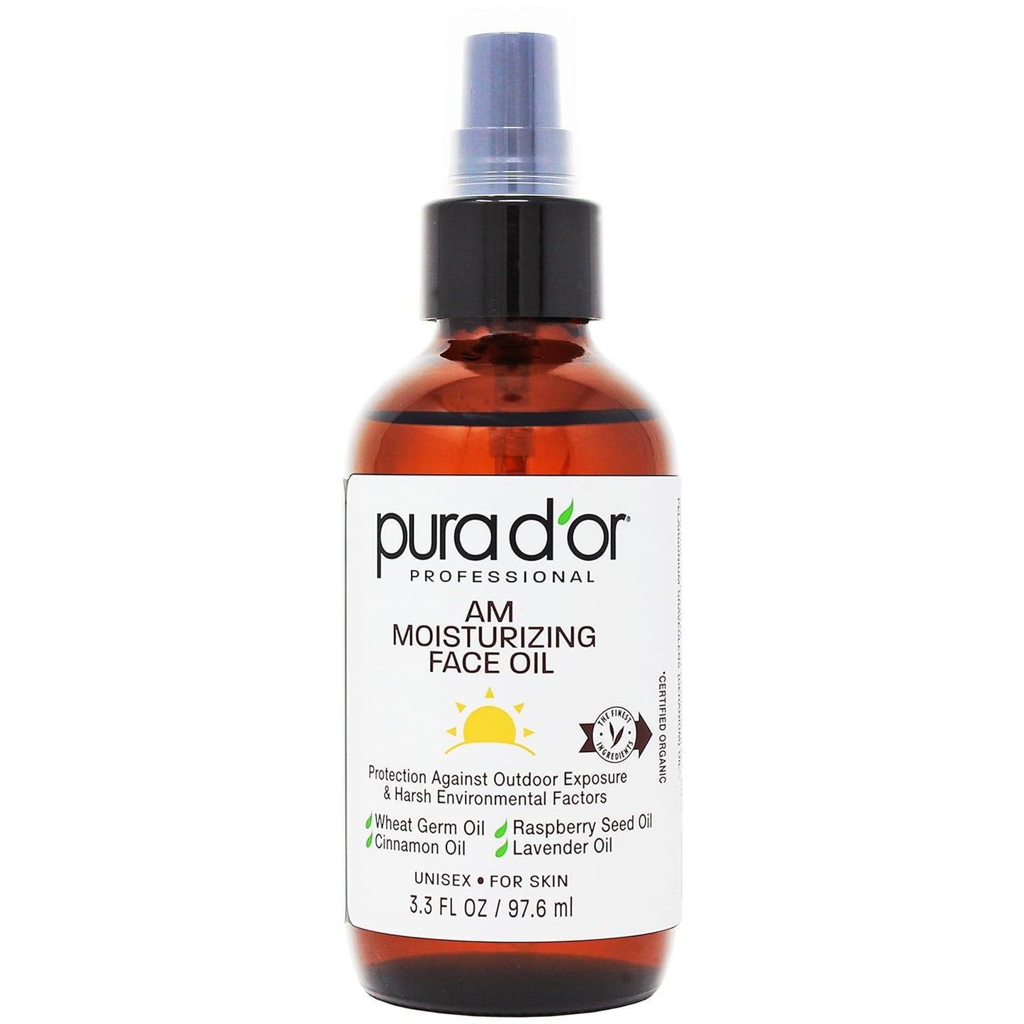 PURA D'OR 3.3 Oz ORGANIC AM Moisturizing Face Oil - Morning Glow Hydrating Skincare -Lightweight Moisturizer for Glowing Skin - All Natural, Vegan, Paraben-Free - Women & Men