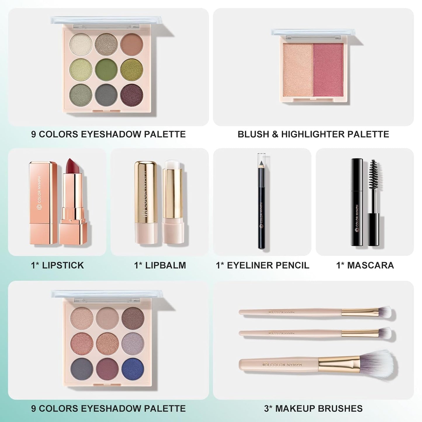 Color Nymph All In One Makeup Kit, Makeup Gift Set for Beginners Teenager Girls with Eyeshadow Palette Blush Lipstick Lip Pencil Eye Pencil Brush Mascara Portable Bag
