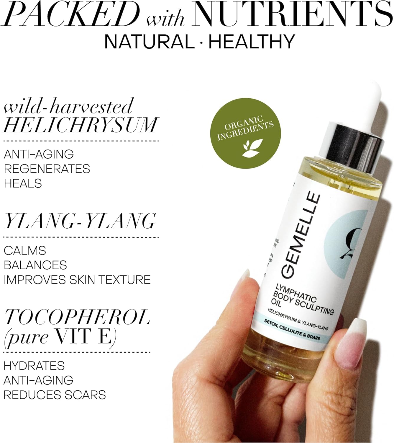 GEMELLE Lymphatic Gua Sha Body Oil | 10x Award Winner | Lymphatic Drainage, Anti-Cellulite, Sculpting | Vitamin E | Targeted Use with Gua Sha Tool | Natural, Clean Beauty – 15ml Travel, Starter Kit