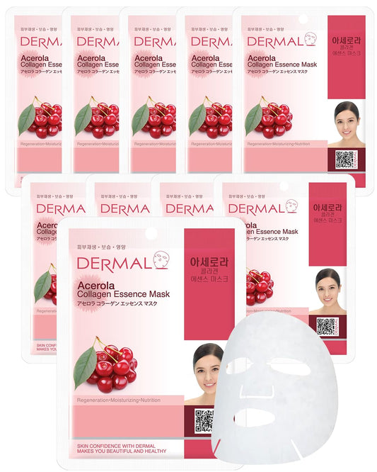 DERMAL Acerola Collagen Essence Facial Mask Sheet 23g Pack of 10 - Skin Clearing, Reduces Blemishes, Elasticity Care, Daily Skin Treatment Solution Sheet Mask