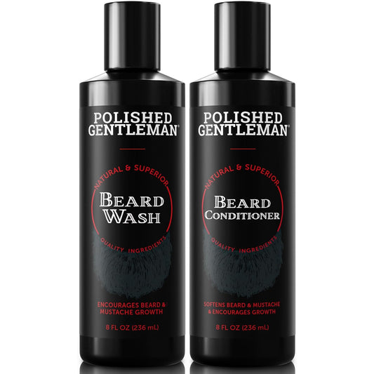 Polished Gentleman Beard Wash and Conditioner Set - Softens and Strengthens - Beard Shampoo with Growth Oil - Moisturizer & Beard Thickener - Tea Tree Unscented - Paraben-Free & Sulfate-Free (8oz)