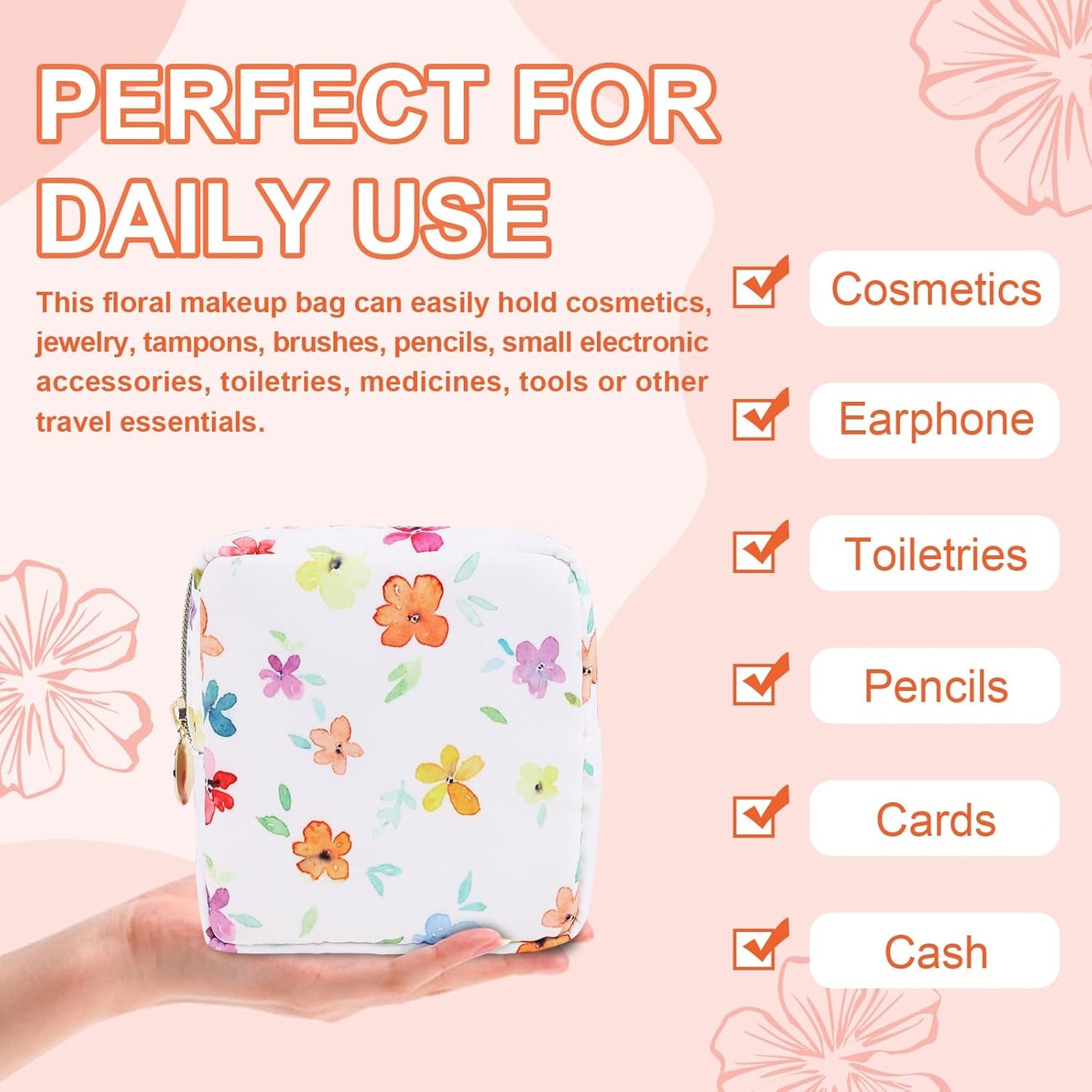Waterproof Mini Floral Makeup Bag Pouch for Purse,Nylon Flower Cosmetic Travel Bag Small Preppy Toiletry Organizers for Women Girl,Cute Zipper Pouch Coin Purse for Work(Mini Colorful-Flowers)