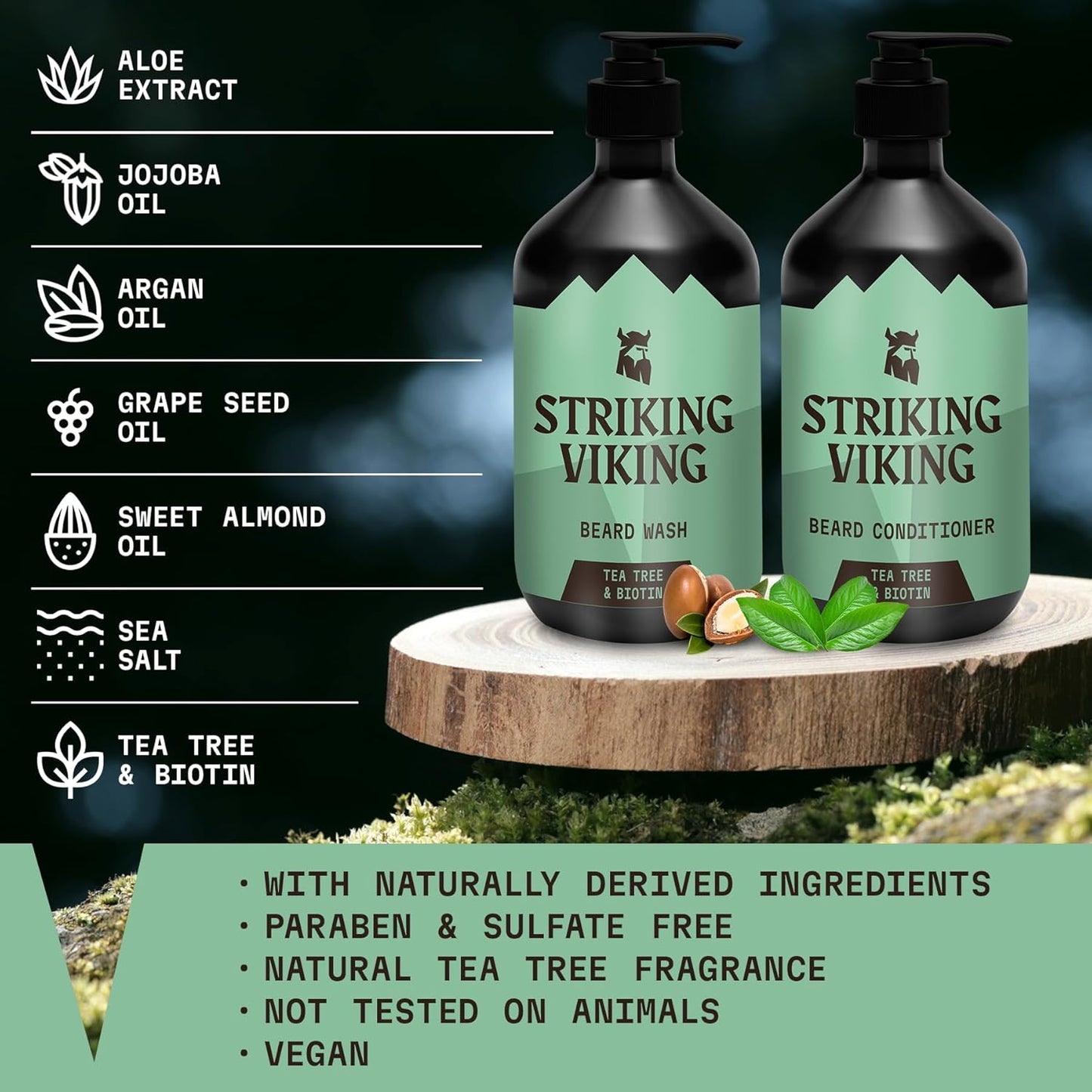 Striking Viking Beard Wash and Conditioner (Tea Tree & Biotin) - Paraben & Sulfate Free Cleansing Care for All Beard Types (10oz Per Bottle)