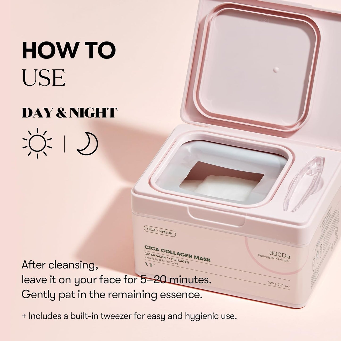 VT COSMETICS CICA Collagen Daily Mask 30 Sheets, 300Da Low Molecular Collagen for Skin Elasticity, Hydrating & Firming, Pink Collagen Essence, Korean Face Mask