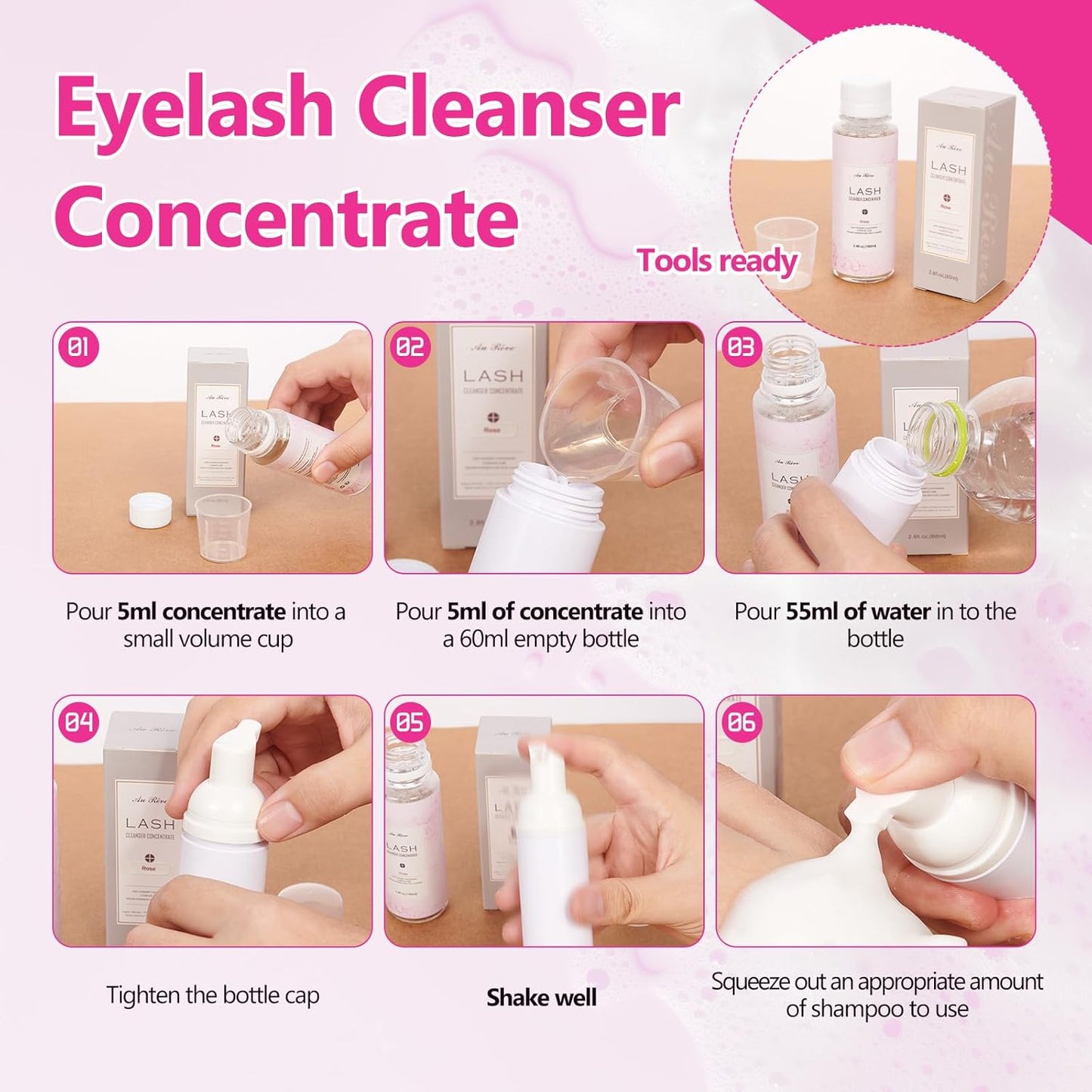 Eyelash Cleanser Concentrate 100ml Lash Extension Shampoo Oil-Free Eyelash Extension Shampoo with Salon Home Care -Makes 20 Bottles 60ml Lash Shampoo, Rose