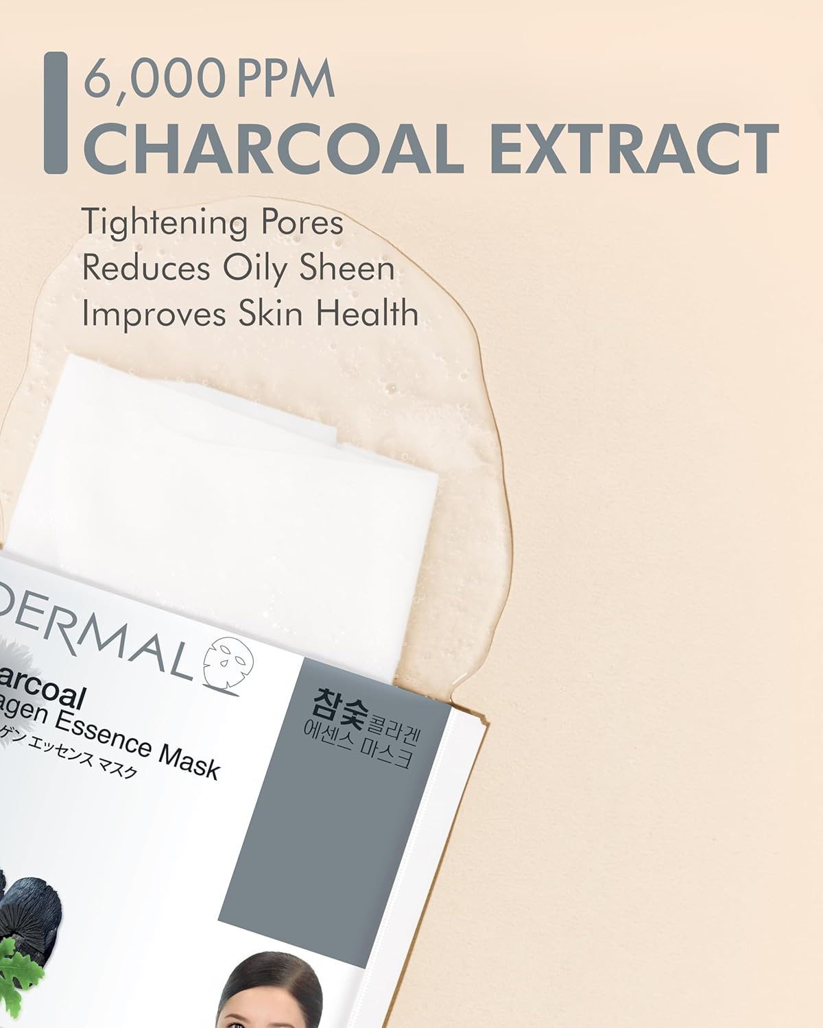 DERMAL Charcoal Collagen Essence Korean Facial Mask Sheet Pack of 10 - Pore Purifying, Boosting Moisture, Rejuvenating Clarity - Hypoallergenic Skin Friendly Sheet