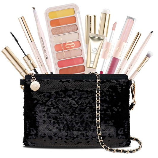 Color Nymph Teen Girls Makeup Kits, Makeup Kit For Girls All In One Makeup Sets For Women With Sequin Bag Packed Individually 9 Colors Eyeshadow Palette Lip Gloss Eyeliner Mascara -Orange Pink