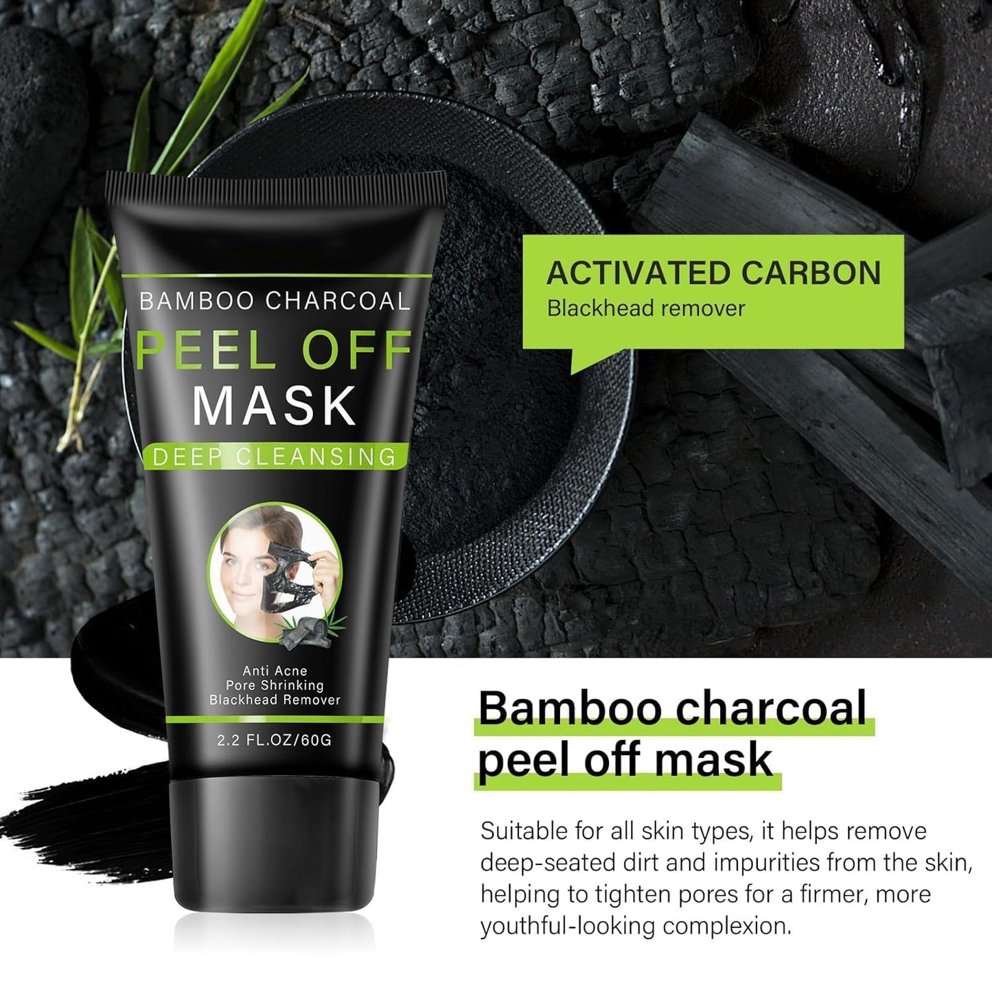 Blackhead Remover Mask, Activated Charcoal Peel Off Face Mask, Blackhead Remover for Oil Skin, Deep Cleansing for Face Nose Blackhead Pores Acne, For All Skin Types (2.12Fl.oz)