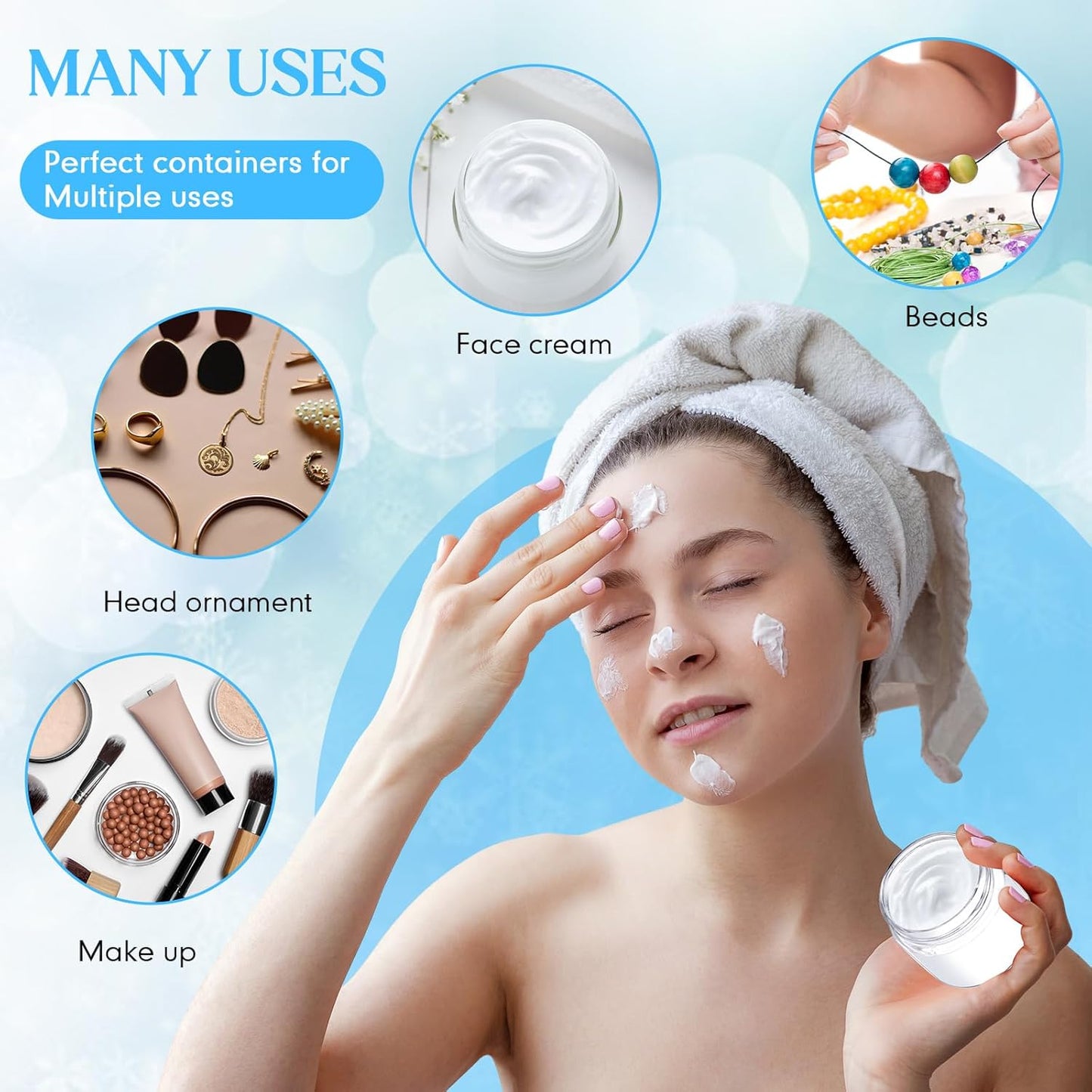 SATINIOR 100 Pcs Plastic Jars with Lids Small Containers Lids Wide Mouth Small Plastic Containers for Lotion Cream Rhinestones Body Butters Travel Storage(2 oz,Blue)