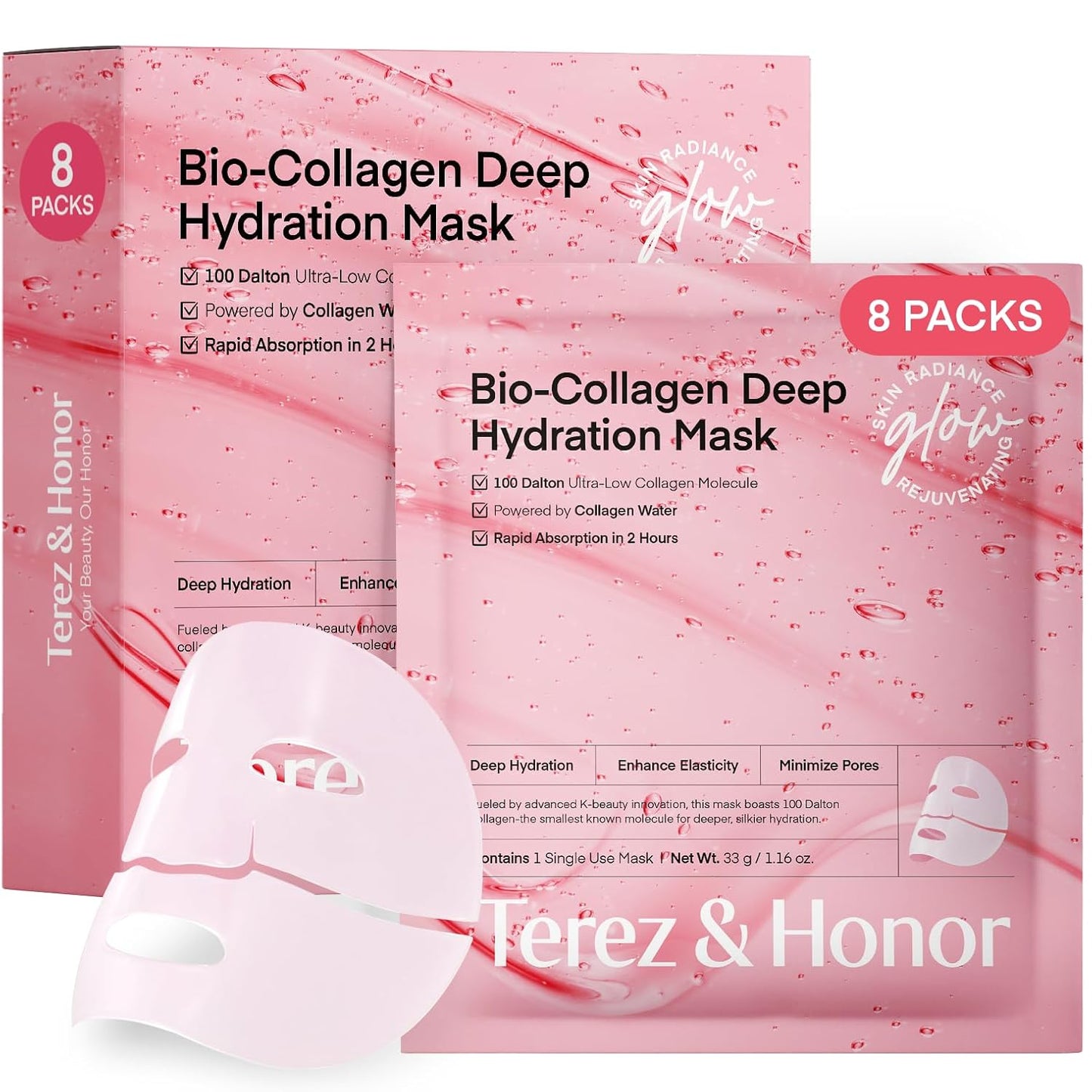 Terez & Honor Collagen Face Mask Overnight - 8 ea x 33g 100 Dalton Ultra Low Bio Collagen Gel Mask for Glass Glow Skin, Deep Hydration, Wrinkle, Fine Lines, Pore, Elasticity & Firming, Korean Skincare