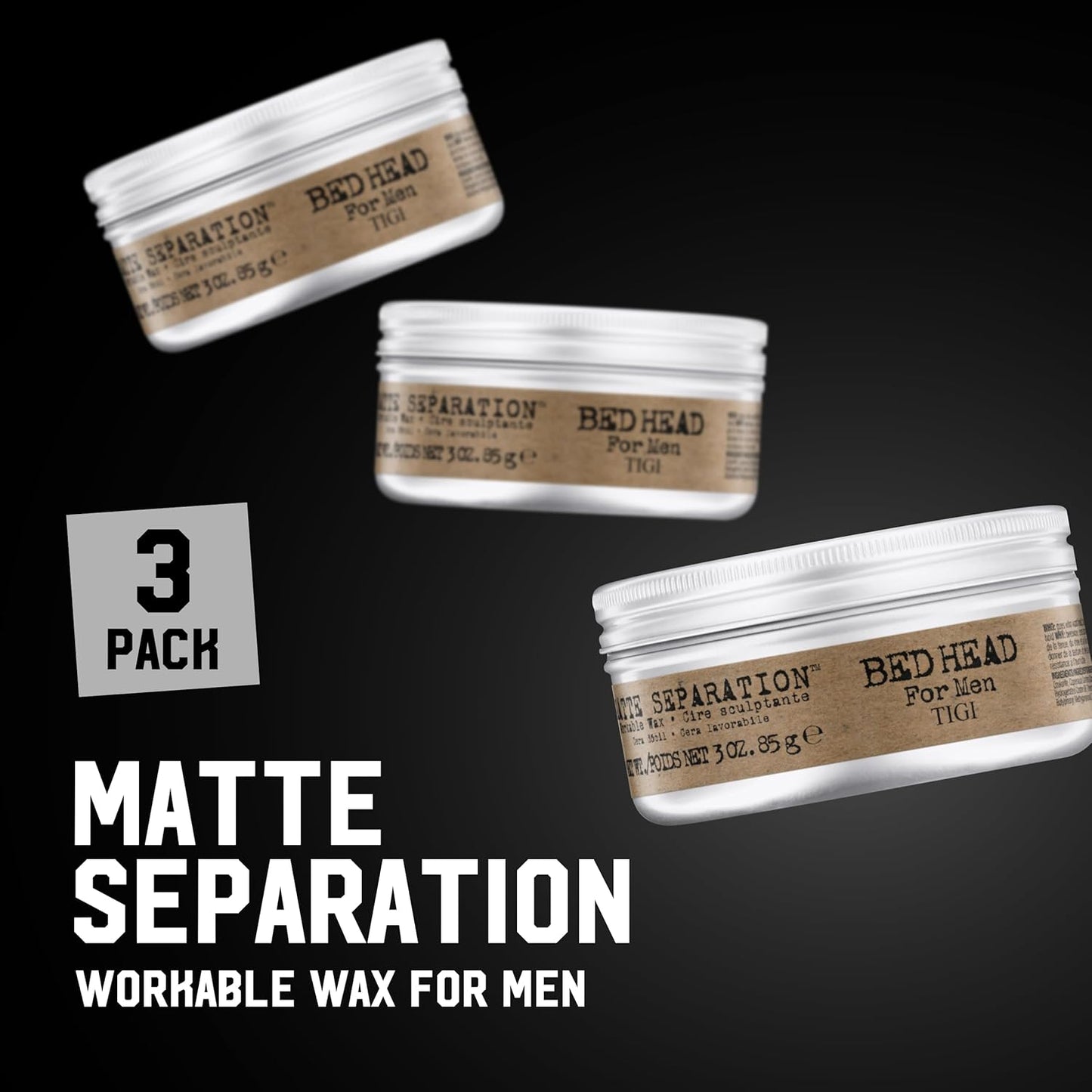 TIGI Bed Head for Men Matte Separation Workable Wax - Use for Strong Hold - For Men's Hairstyles - Use on Damp or Dry Hair - Premium Strong Hold Hair Wax - 3 oz (3 Pack)