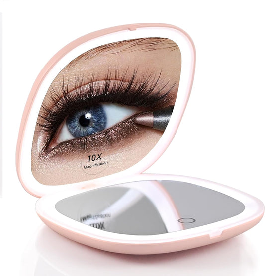 Portable LED Makeup Mirror - Compact Travel Mirror with Light, 10X Magnification, Adjustable Brightness, Rechargeable, for Her, Travel Accessories for Women, Ideal for Purse