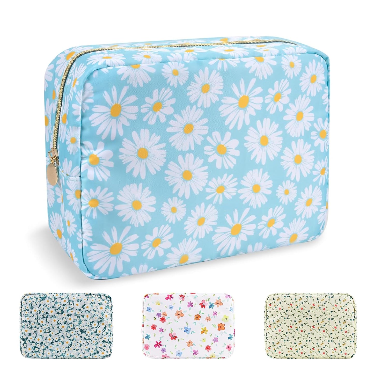 Waterproof Large Floral Makeup Pouch,Nylon Travel Toiletry Storage Purse Preppy Cosmetic Bag for Women Girl,Large Capacity Makeup Organizer Zipper Pouch for Work(L Blue-Daisy)