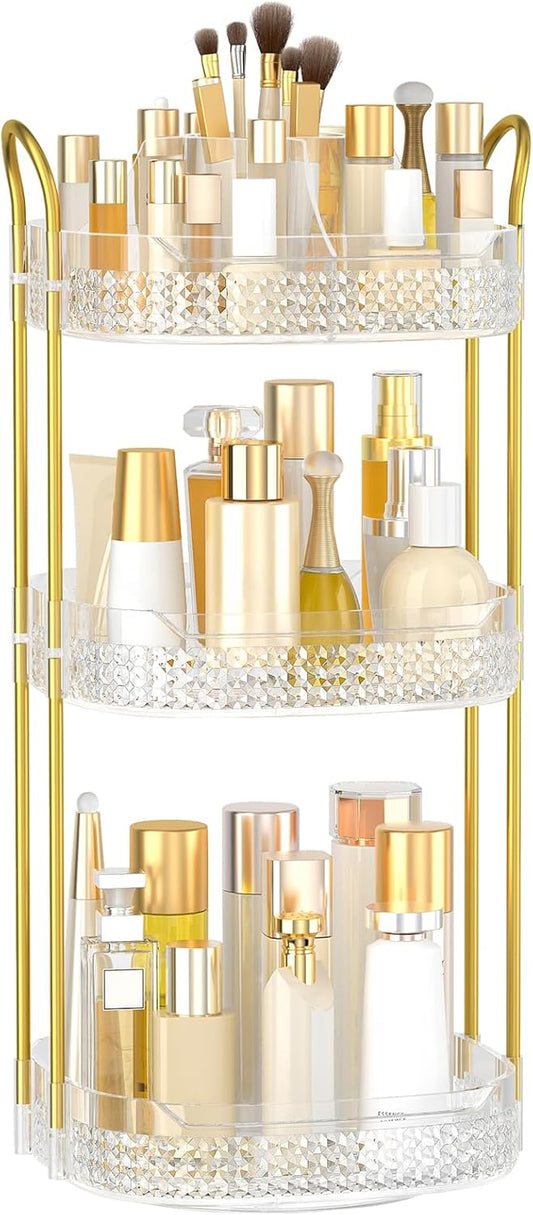 Rotating Makeup Organizer for Vanity 3 Tier, Perfume Organizer with Makeup Brush Holder, Large Capacity Cosmetics Clear Skincare Organizer for Countertop (Transparent)