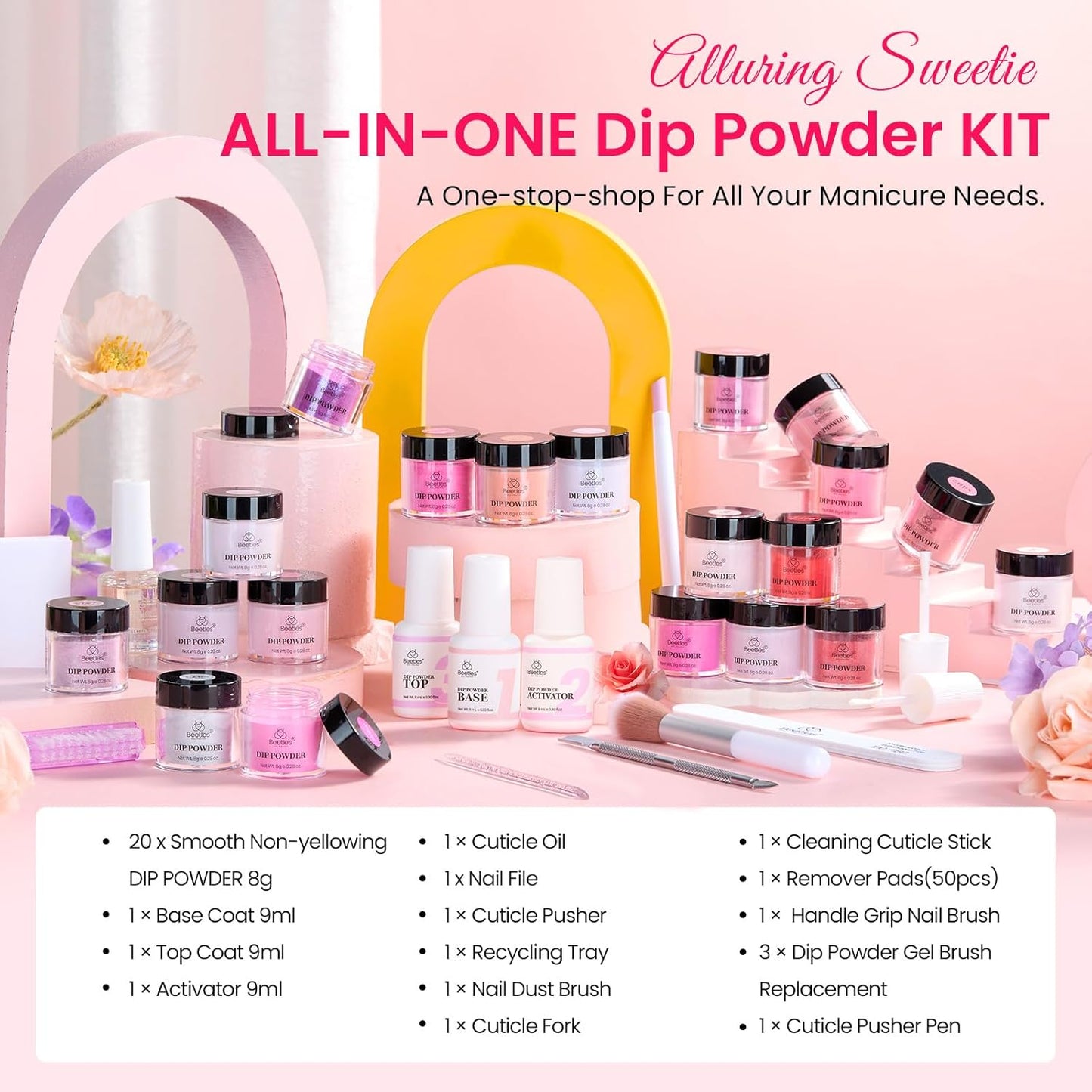 Beetles Dip Powder Nail Kit 36pcs 20 Colors Nude Hot Pink Red Glitter White Dip Nails Powder Starter Kit with Base Top Coat Activator Cuticle Oil Nail Set for Women Alluring Sweetie Collection