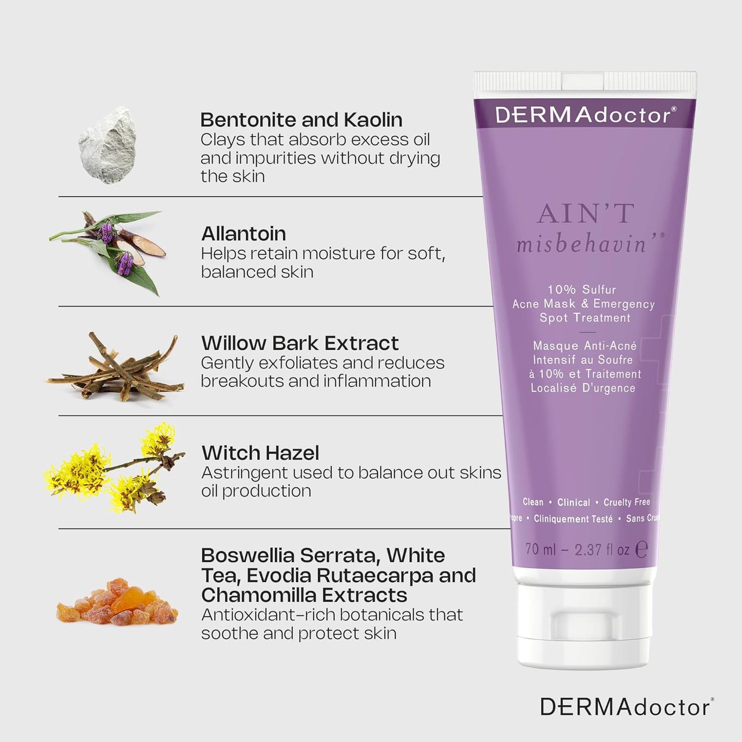 DERMAdoctor Sulfur Acne Treatment - Clay Mask & Acne Spot Treatment | Face Mask Blackhead Remover - Bentonite Clay Detox | Non-Irritating Non-Drying Calming & Soothing with Natural Exfoliants - 2.3 Oz