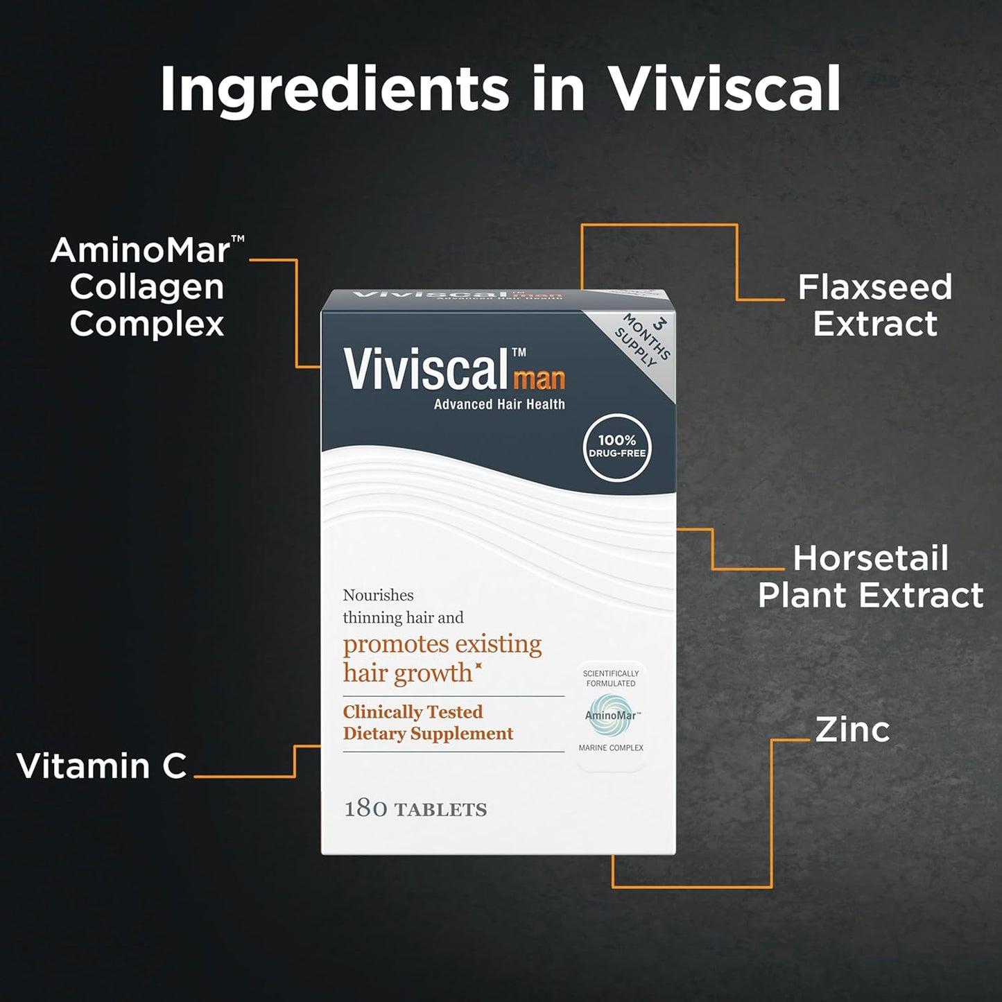 Viviscal Men's Hair Growth Supplements for Thicker Fuller Hair, Clinically Proven Collagen Complex, 180 Tablets 3 Month Supply