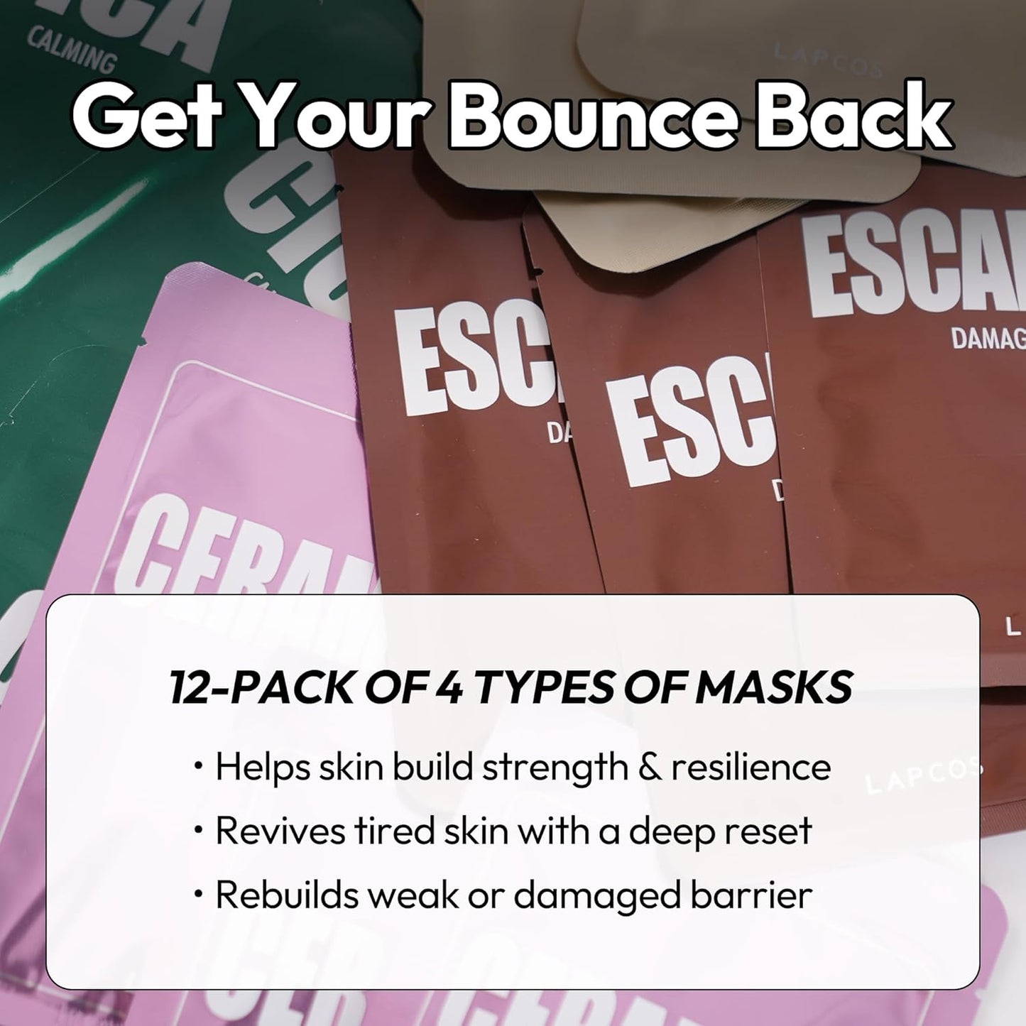 LAPCOS Skin Barrier Repair Sheet Mask Variety Pack – Escargot, Cica, Ceramide, Honey 4 Types of Face Mask Set – Daily Korean Skin Care w/Snail Mucin, Centella Asiatica & Niacinamide (12 ea)